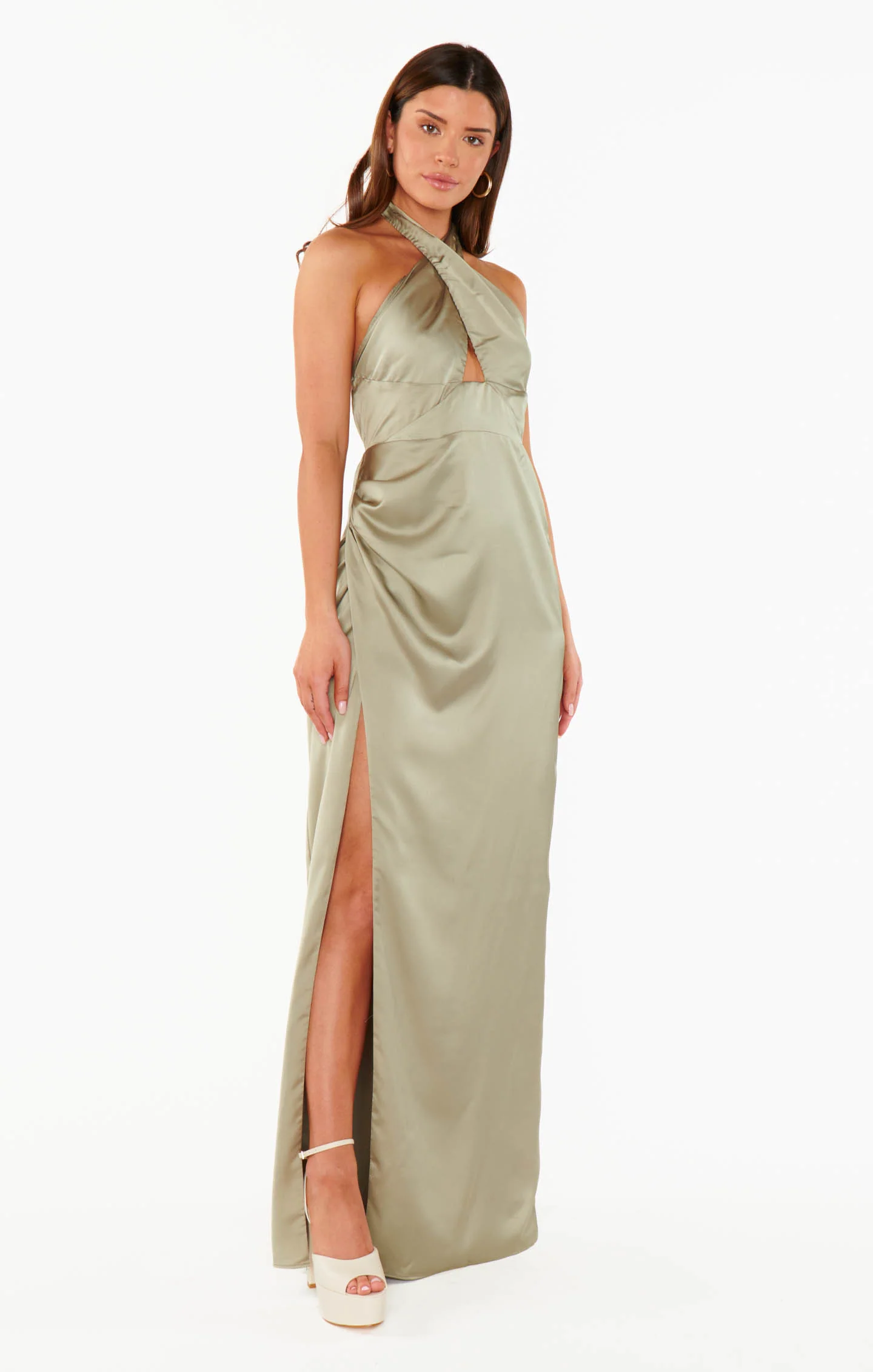 Adele Halter Maxi Dress ~ Moss Green Luxe Satin - Image 6
