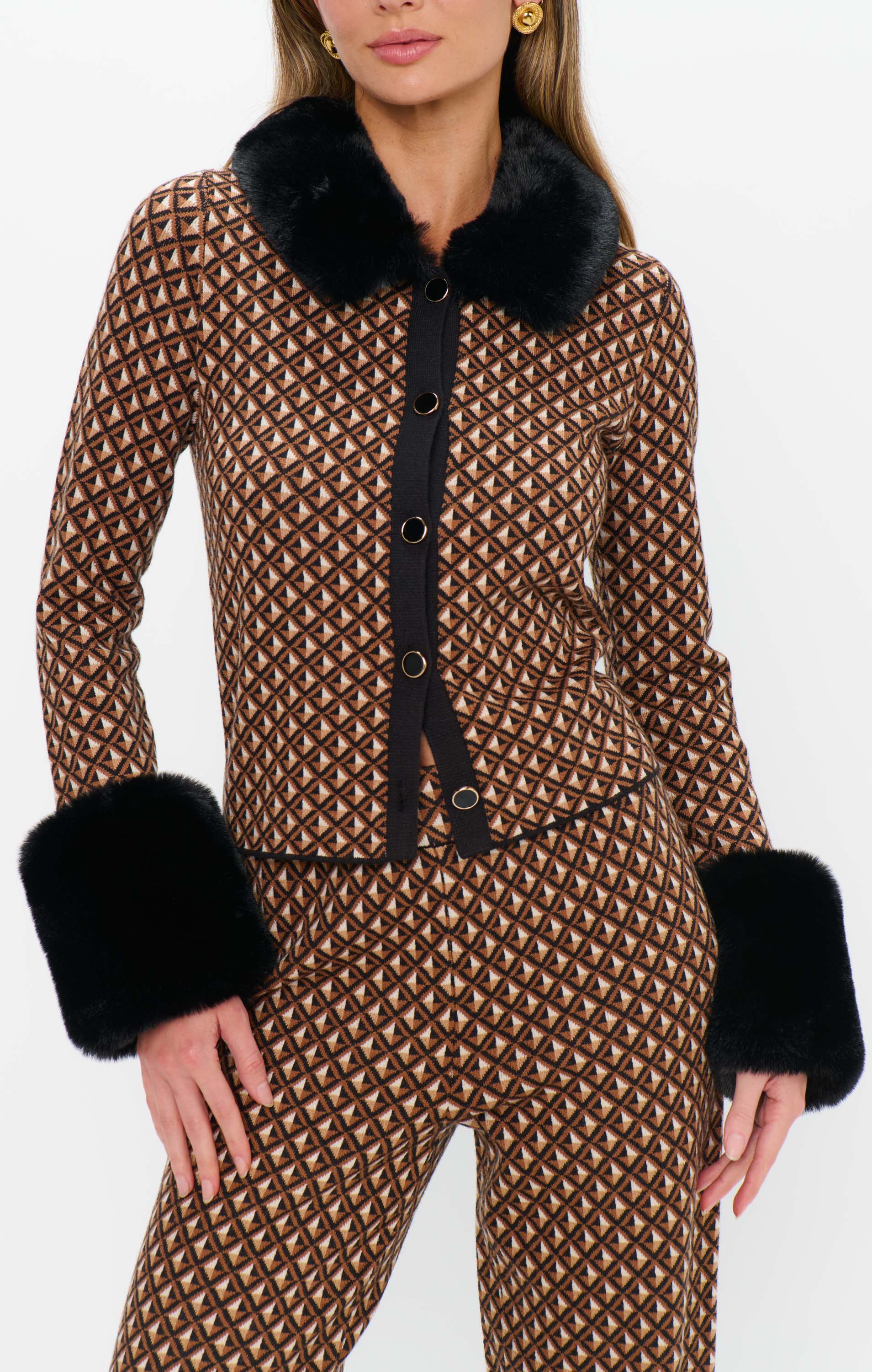Chateau Cardigan ~ Carmel Geo Knit with Faux Fur - Image 4