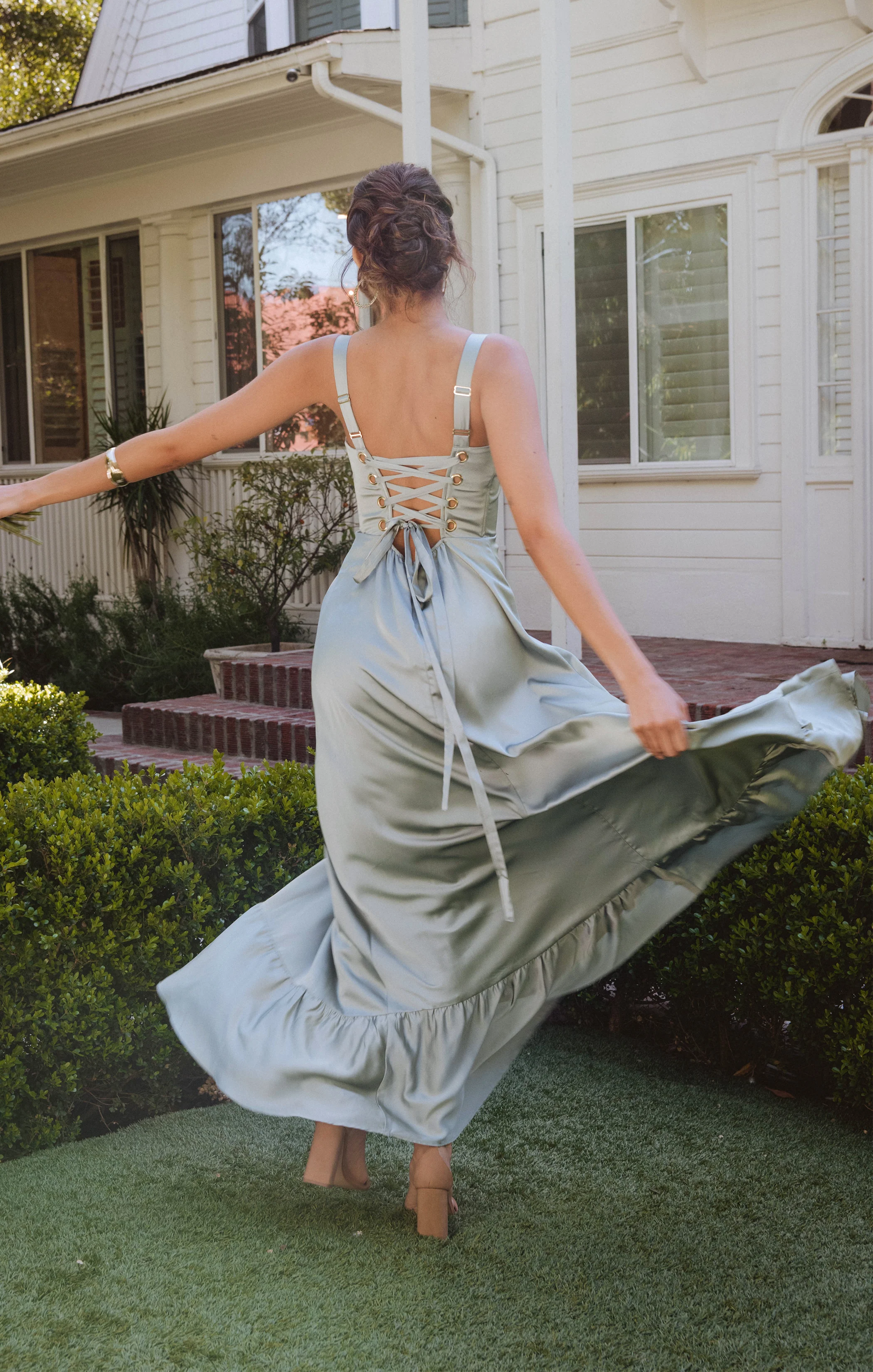 Clarissa Corset Dress ~ Silver Sage Luxe Satin - Image 3