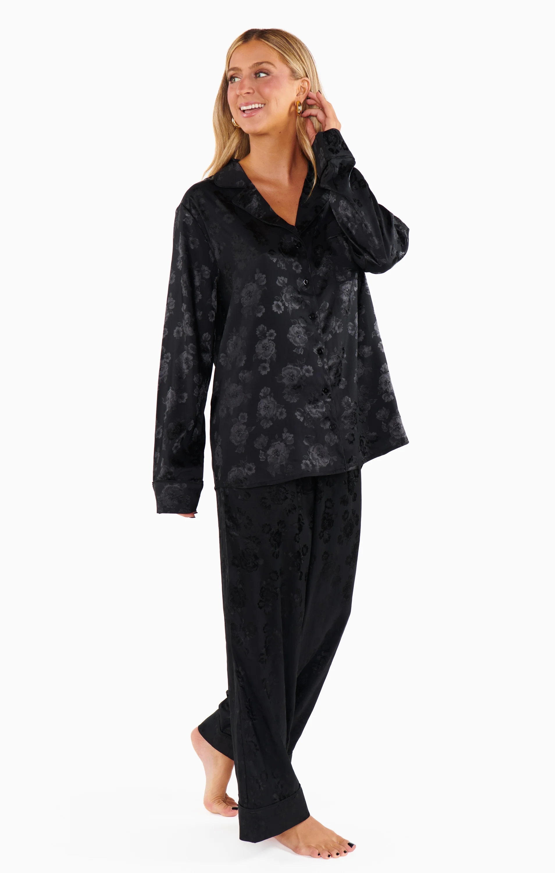 Classic Cropped PJ Set ~ Black Floral Silky - Image 4