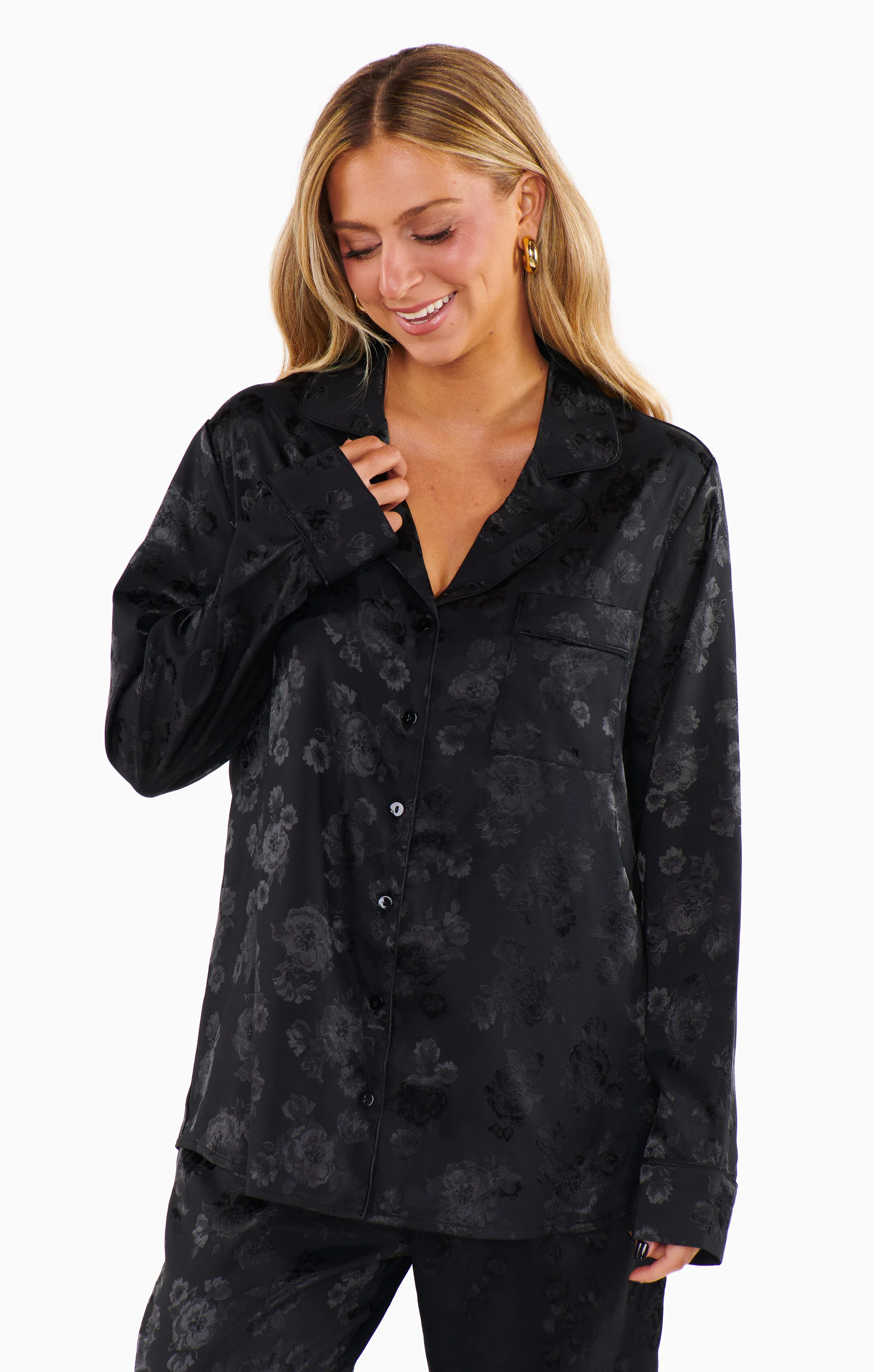 Classic Cropped PJ Set ~ Black Floral Silky - Image 5