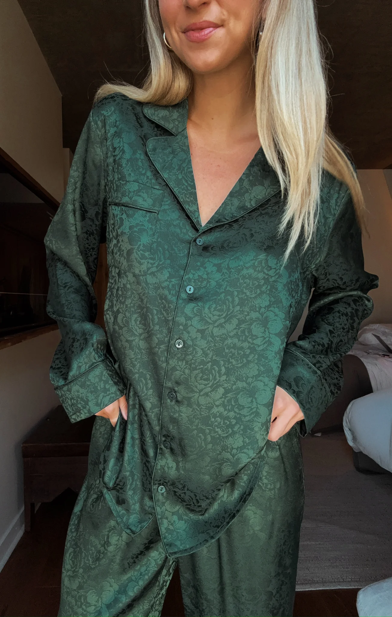 Classic PJ Set ~ Forest Green Floral Silky - Image 2