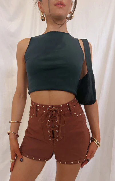 Desert Lace Up Shorts ~ Studded Brown Denim - Image 3