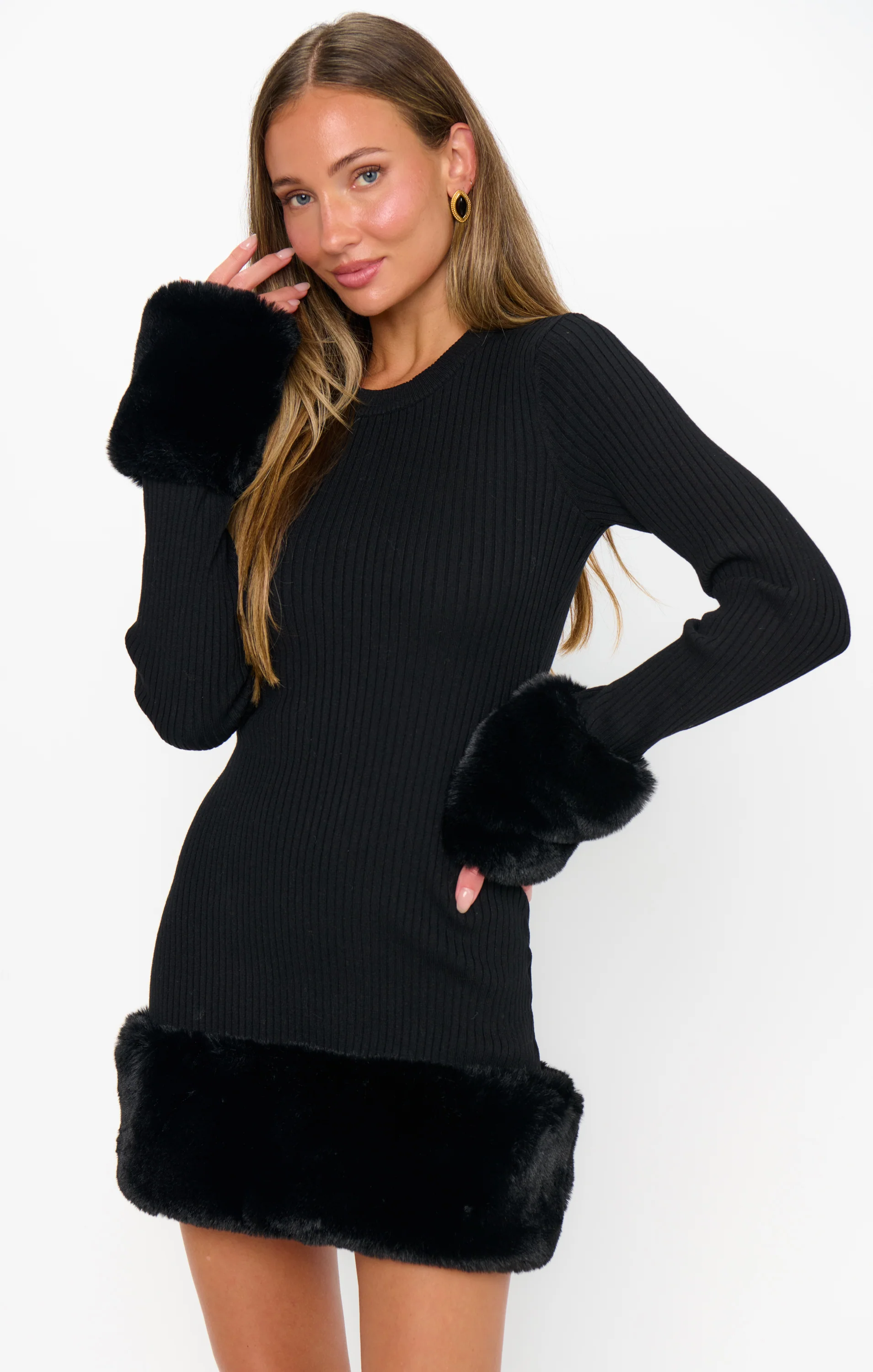 Drescher Mini Dress ~ Black Knit with Faux Fur - Image 4