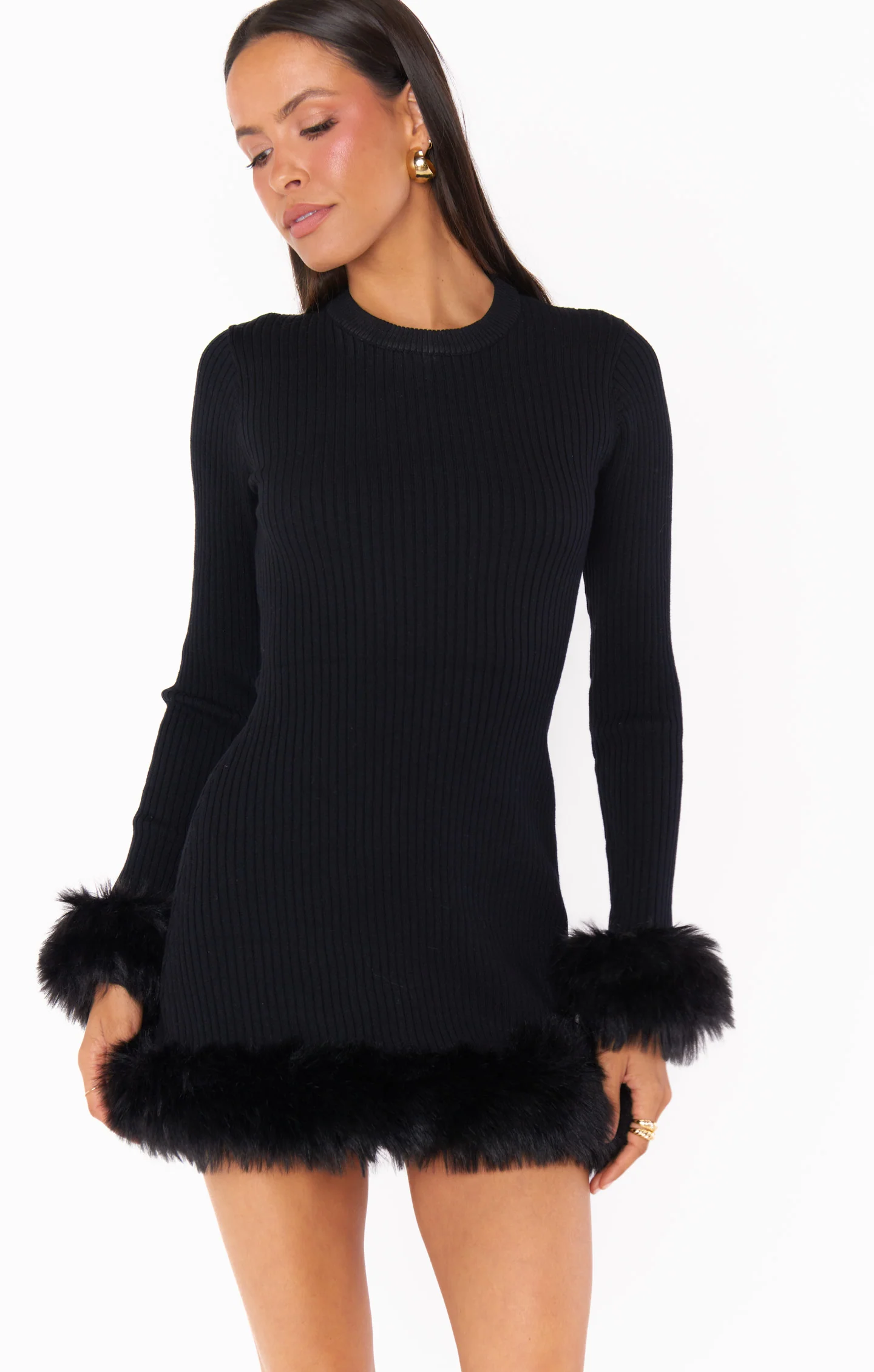 Fran Mini Dress ~ Black Knit with Faux Fur - Image 3