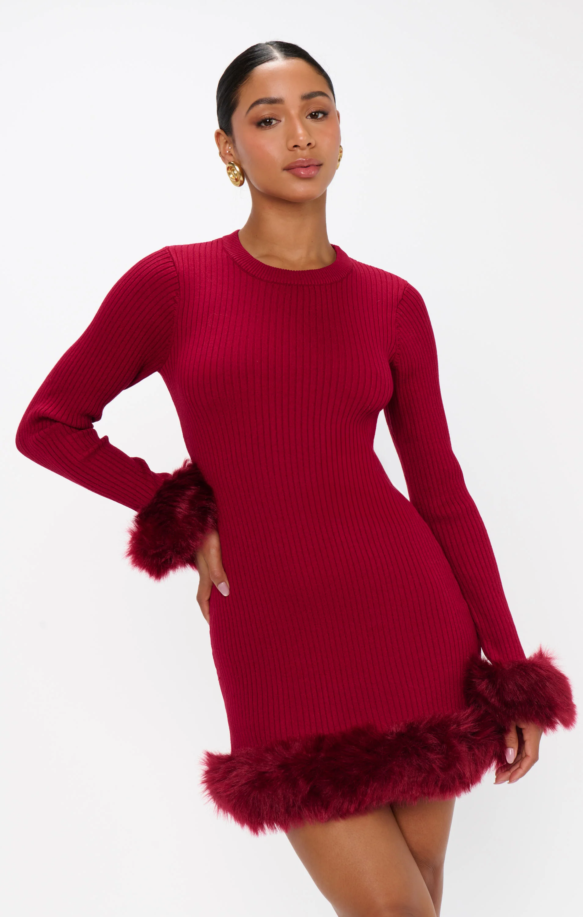 Fran Mini Dress ~ Cranberry Rib with Faux Fur - Image 5