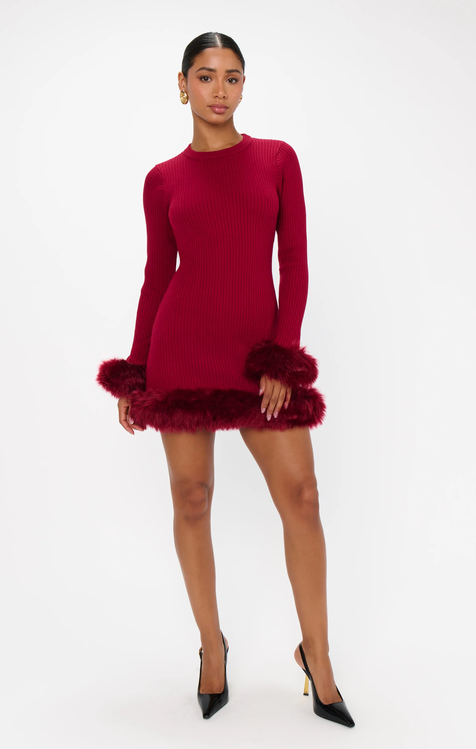 Fran Mini Dress ~ Cranberry Rib with Faux Fur - Image 6