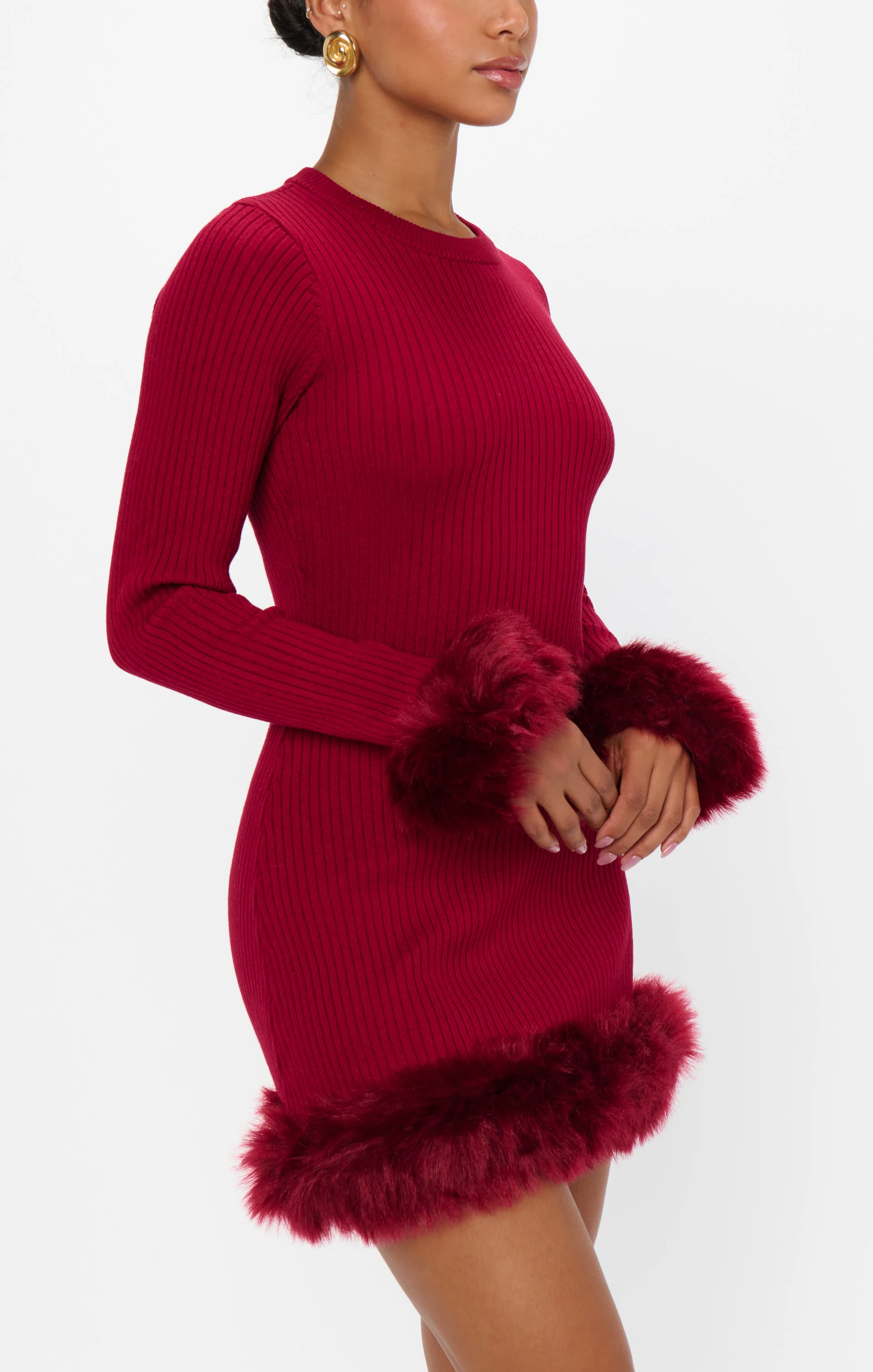 Fran Mini Dress ~ Cranberry Rib with Faux Fur - Image 7