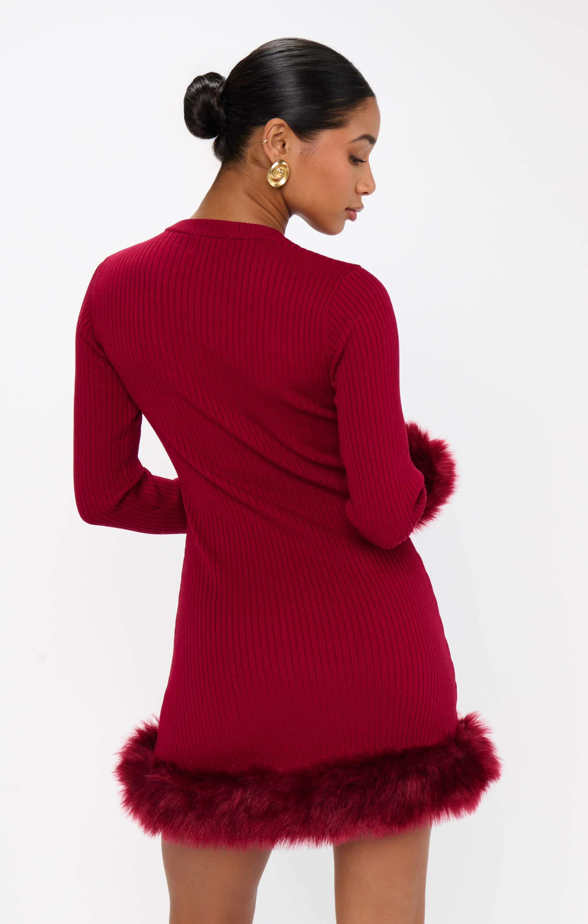 Fran Mini Dress ~ Cranberry Rib with Faux Fur - Image 8