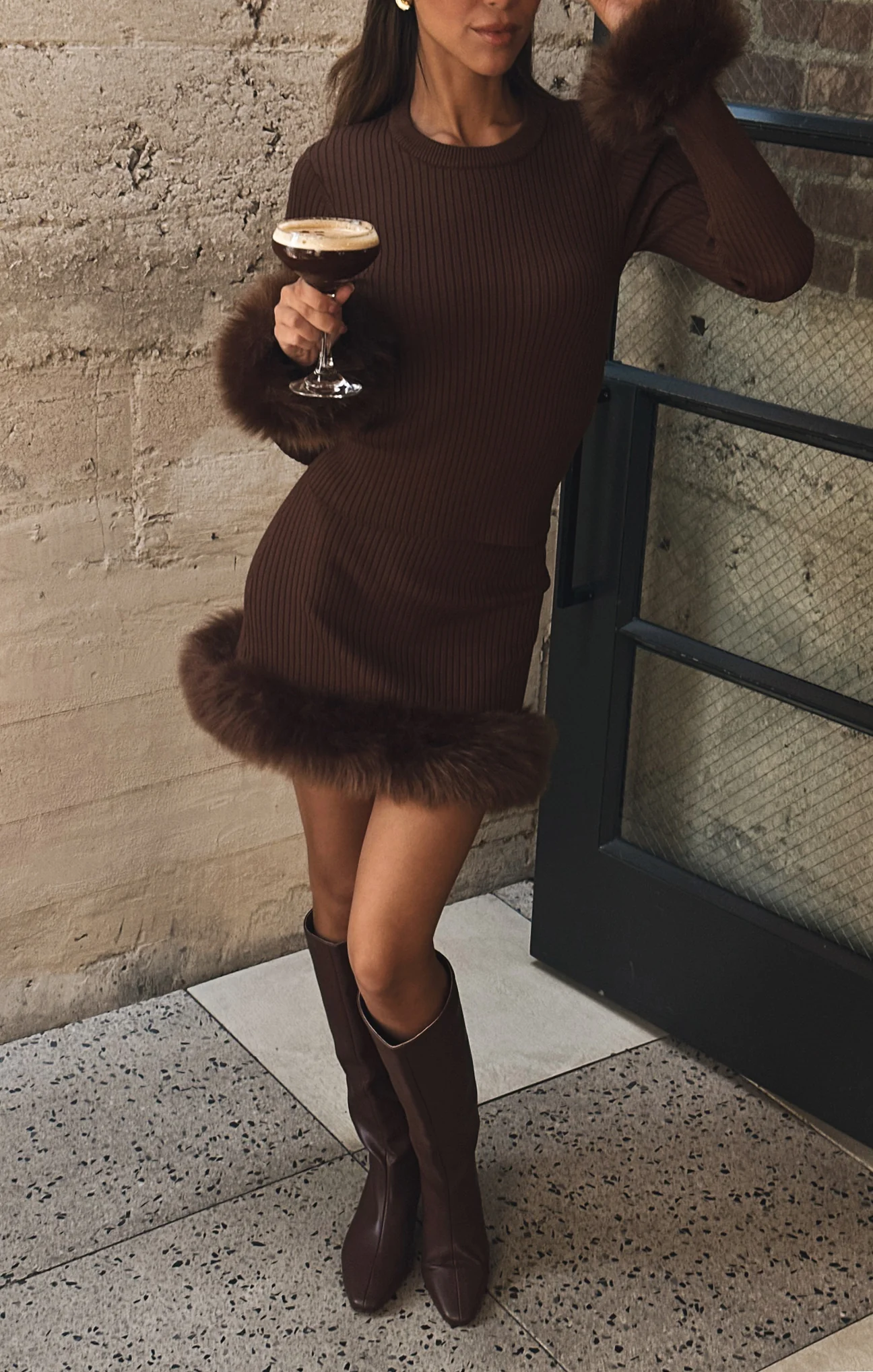 Fran Mini Skirt ~ Chocolate Rib with Faux Fur - Image 4