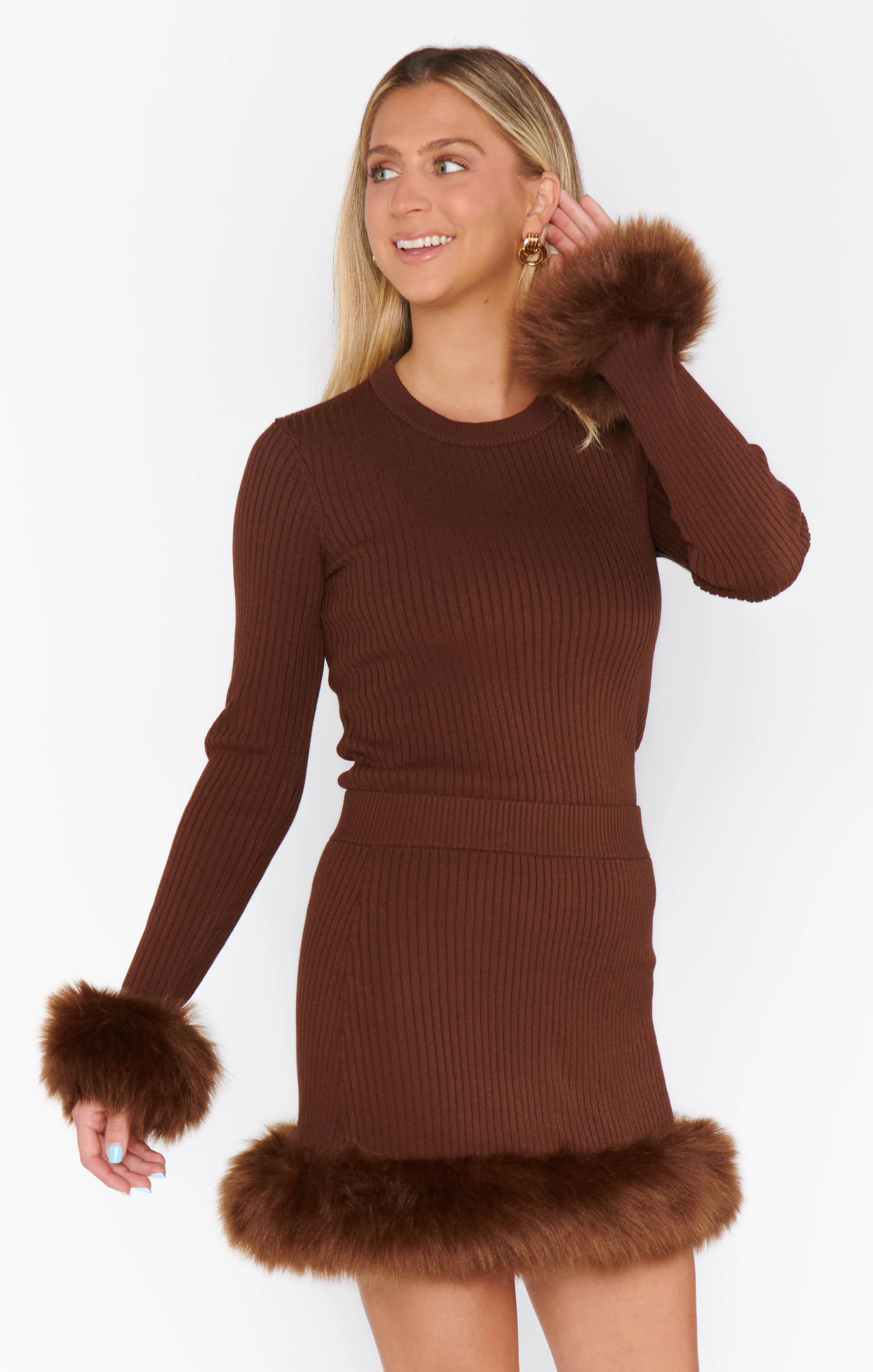 Fran Mini Skirt ~ Chocolate Rib with Faux Fur - Image 6