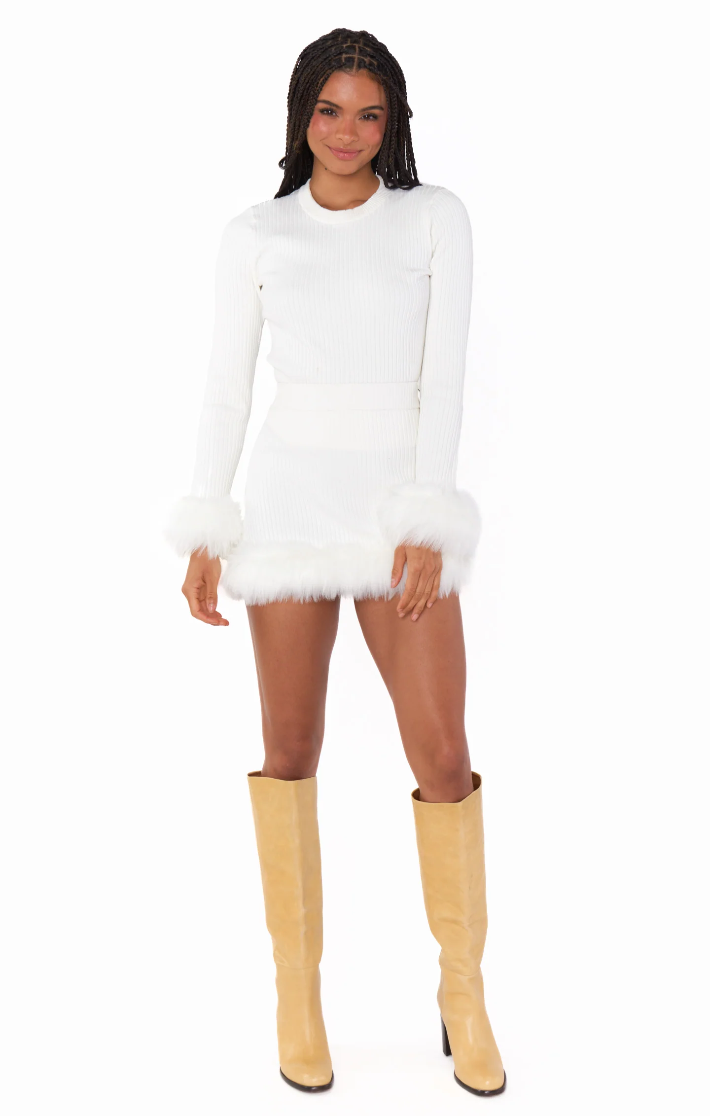 Fran Mini Skirt ~ White Knit with Faux Fur - Image 4