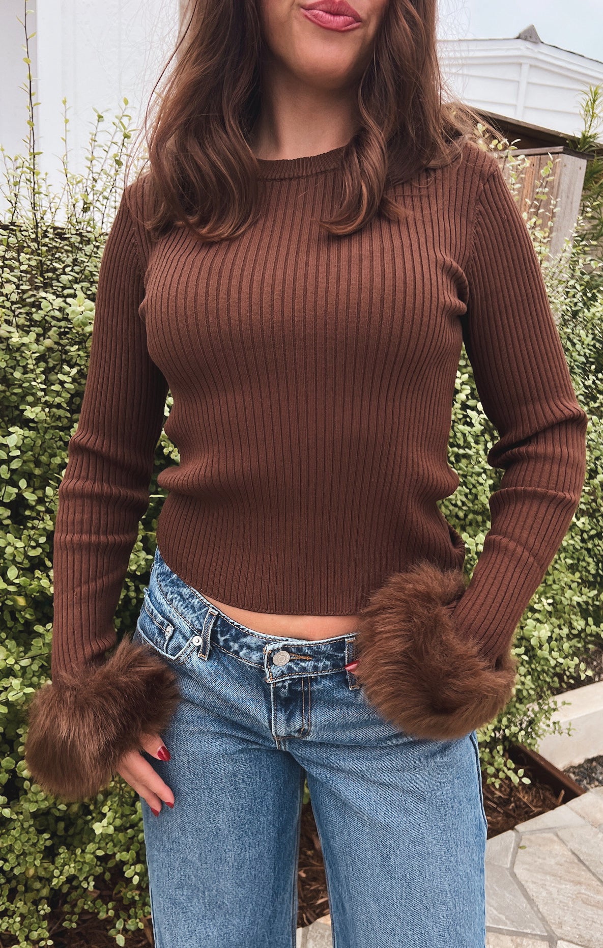 Fran Top ~ Chocolate Rib with Faux Fur - Image 4