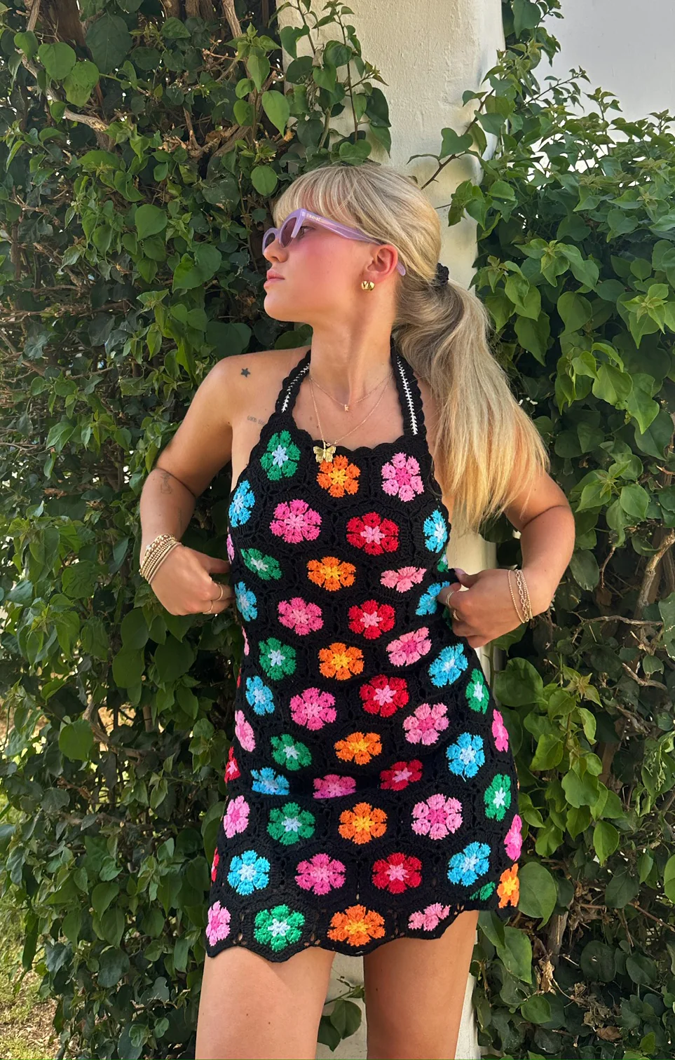 Happy Halter Mini Dress ~ Multi Black Flower Crochet - Image 3