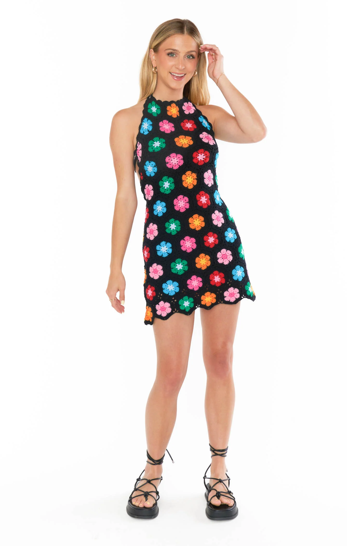 Happy Halter Mini Dress ~ Multi Black Flower Crochet - Image 6