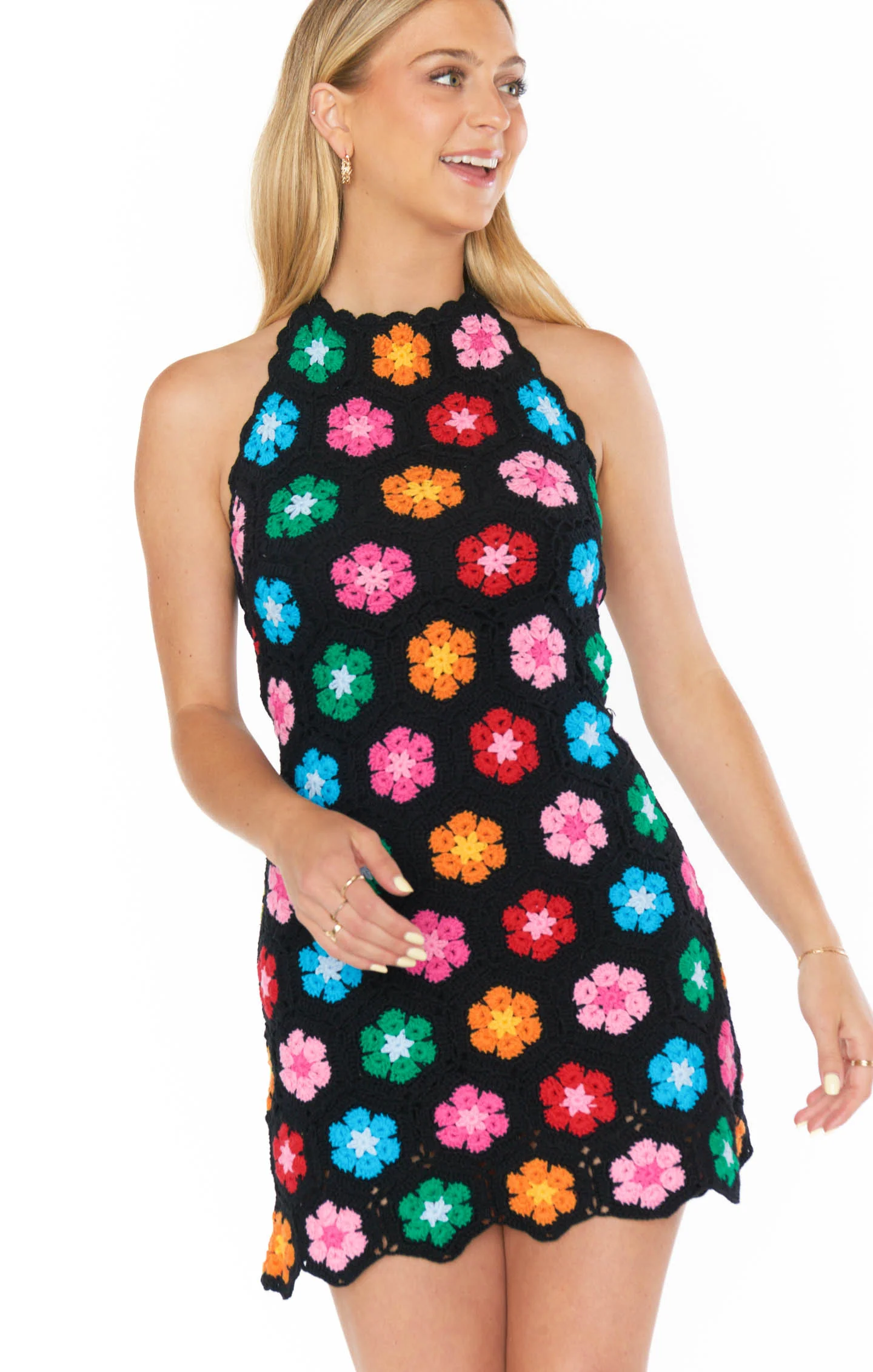 Happy Halter Mini Dress ~ Multi Black Flower Crochet - Image 7