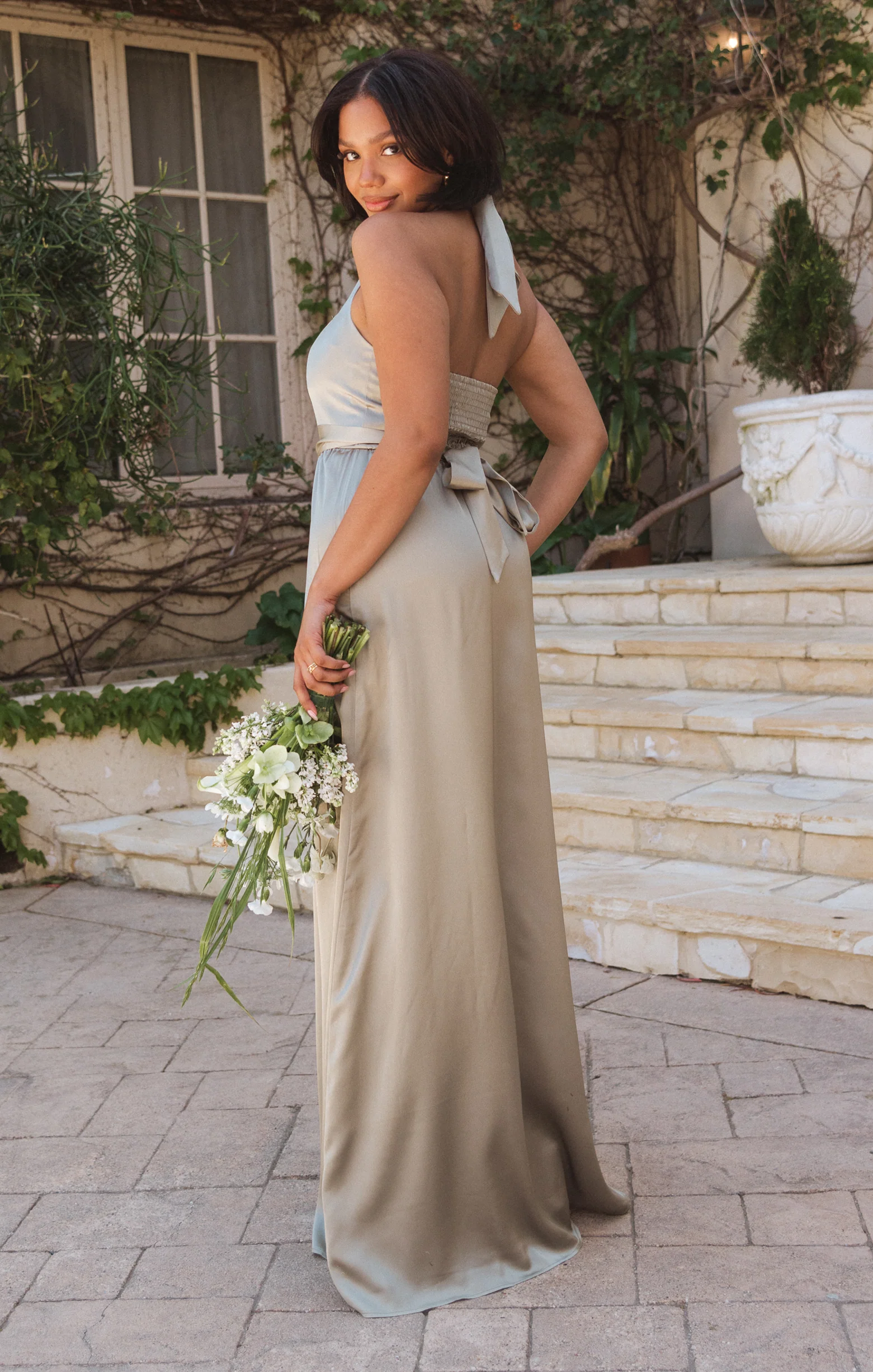 Hazel Halter Maxi Dress ~ Moss Green Luxe Satin - Image 2