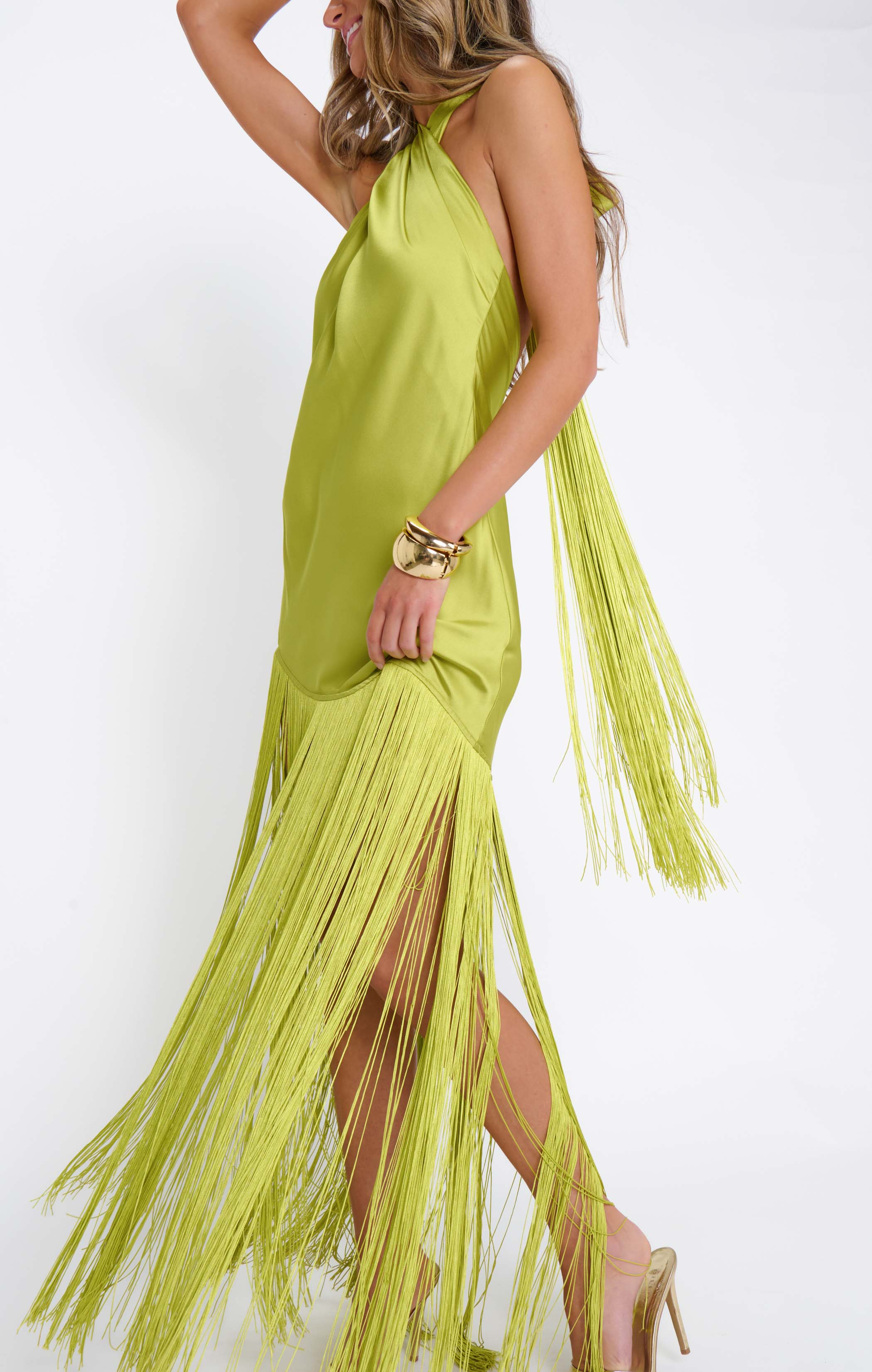 Jasmine Fringe Maxi Dress ~ Chartreuse Luxe Satin - Image 10