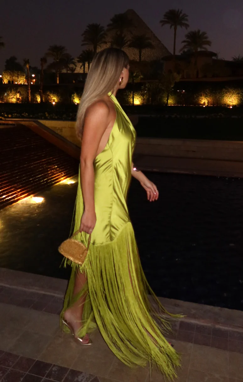 Jasmine Fringe Maxi Dress ~ Chartreuse Luxe Satin - Image 3
