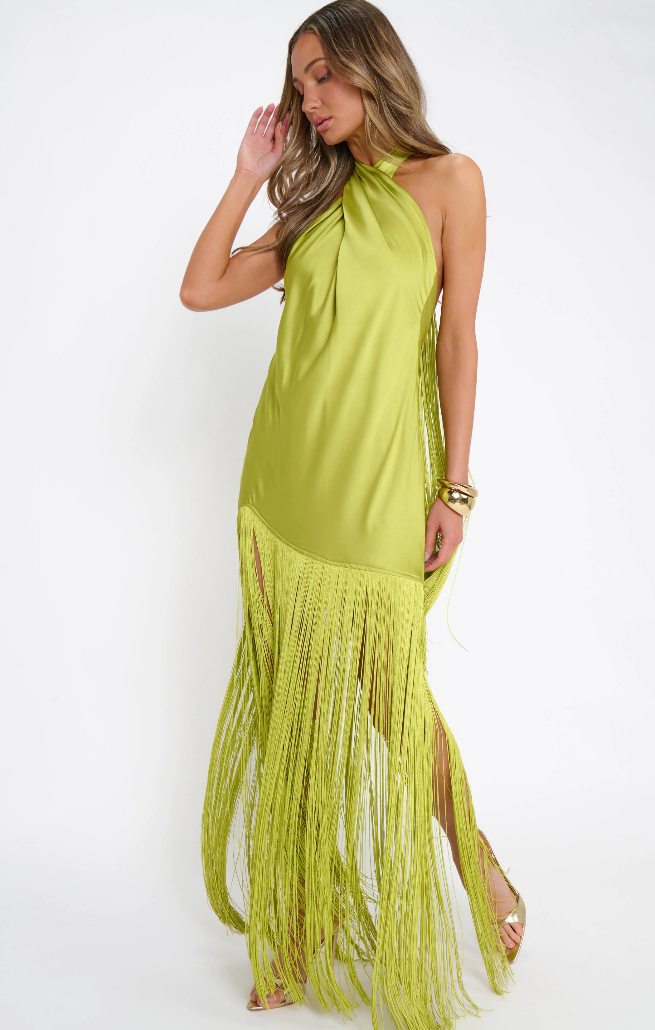 Jasmine Fringe Maxi Dress ~ Chartreuse Luxe Satin - Image 6