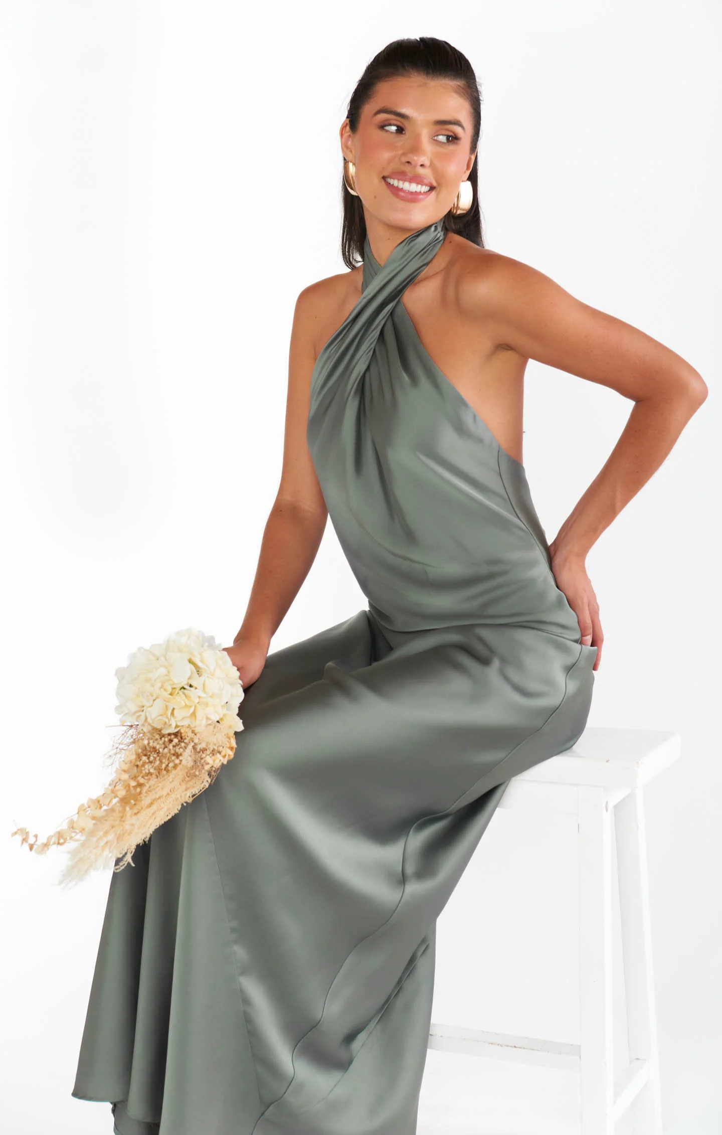 Jasmine Halter Maxi Dress ~ Deep Sage Luxe Satin - Image 6