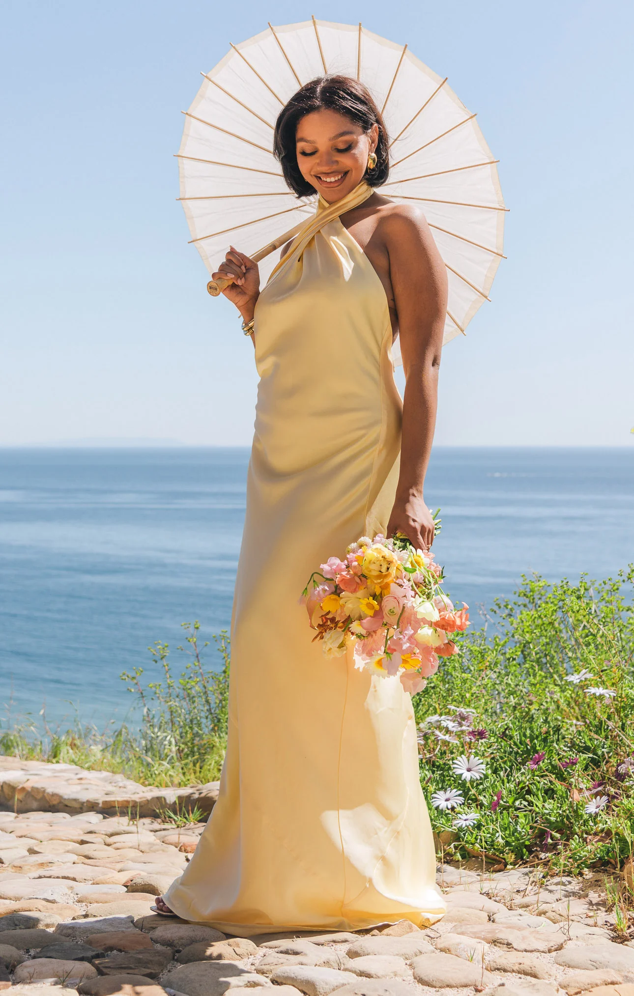 Jasmine Halter Maxi Dress ~ Pale Yellow Luxe Satin - Image 2