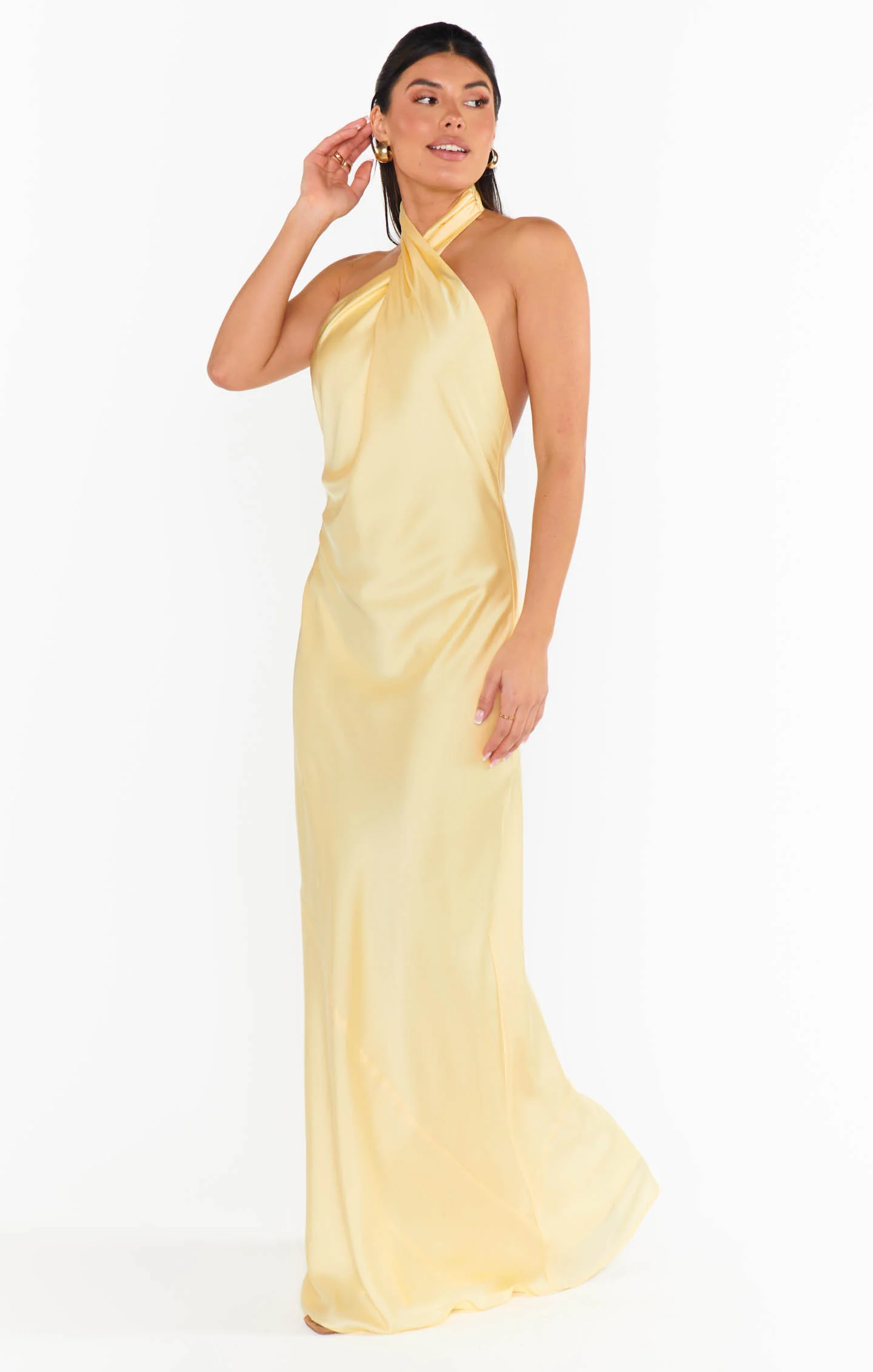 Jasmine Halter Maxi Dress ~ Pale Yellow Luxe Satin - Image 5