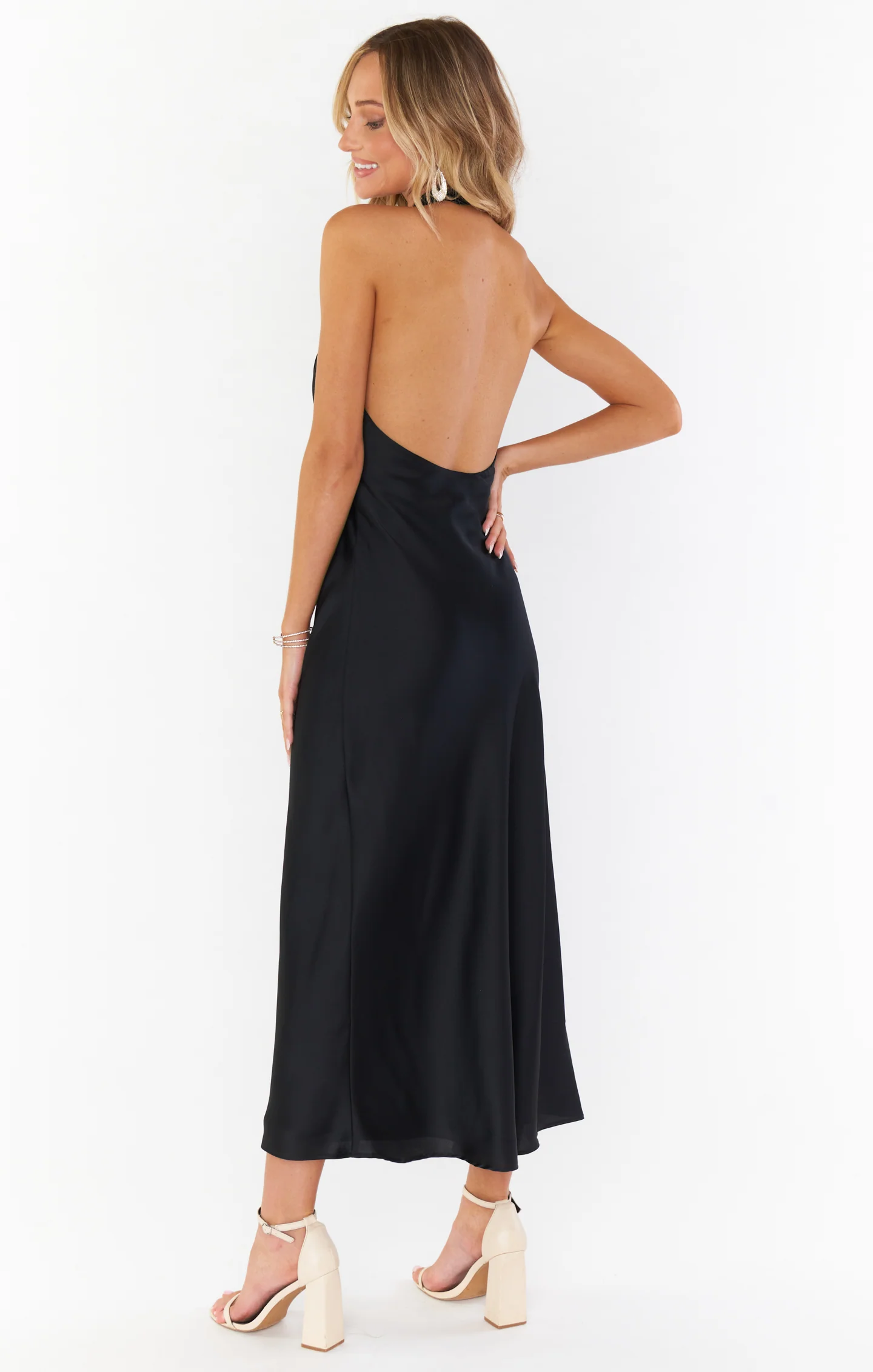Jasmine Halter Midi Dress ~ Black Luxe Satin - Image 2