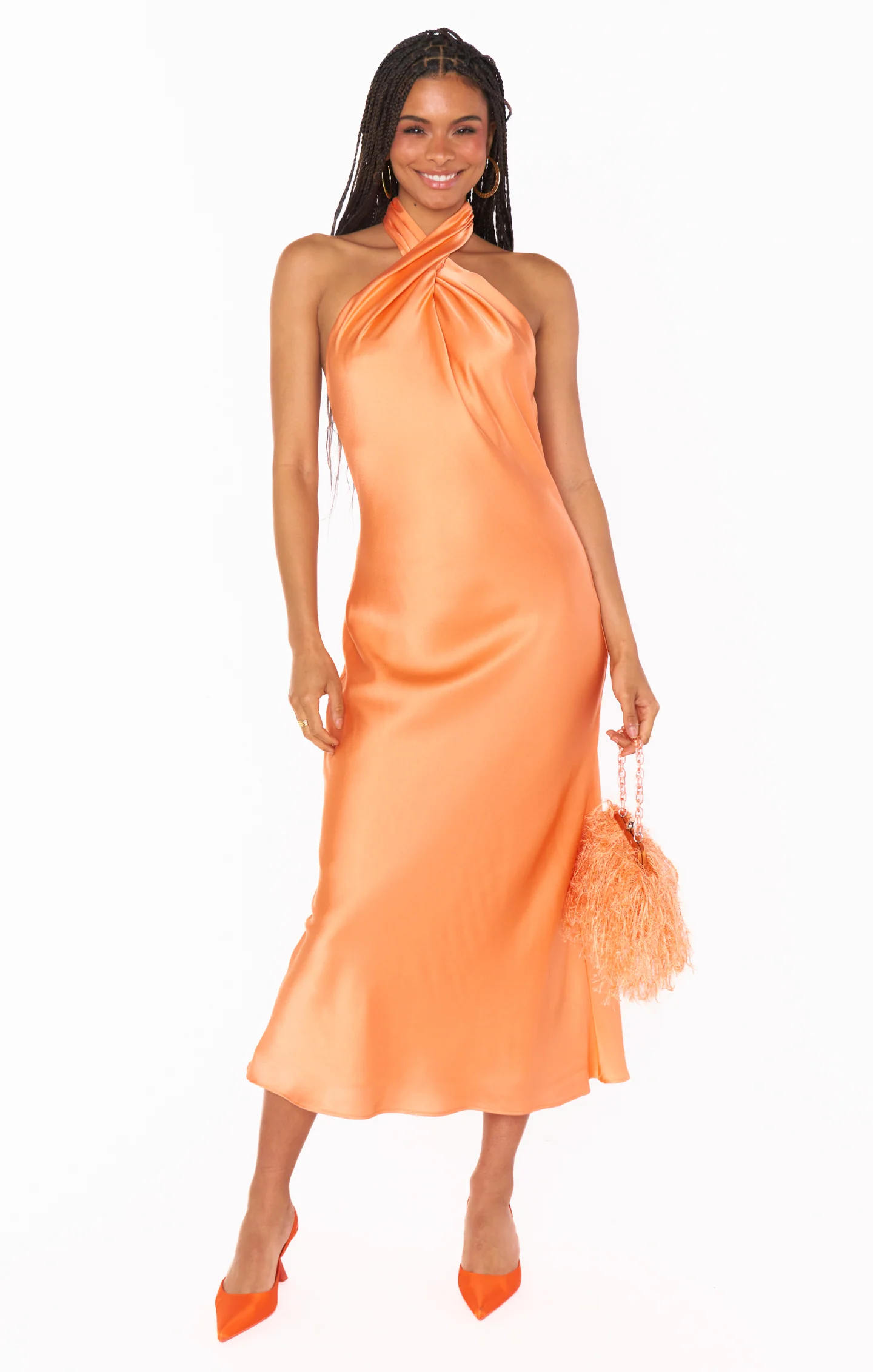 Jasmine Halter Midi Dress ~ Cantaloupe Luxe Satin - Image 3