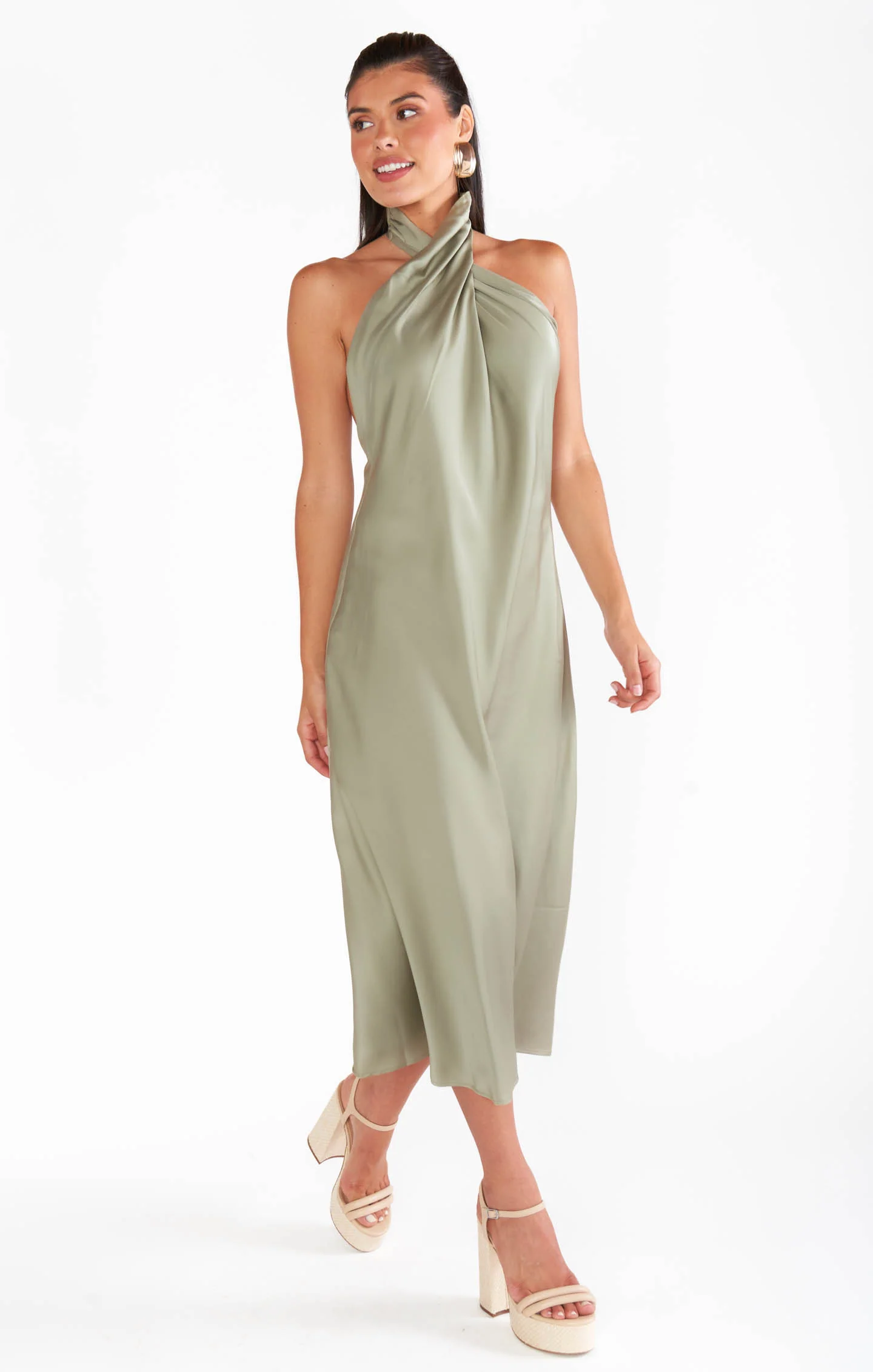 Jasmine Halter Midi Dress ~ Moss Green Luxe Satin - Image 10