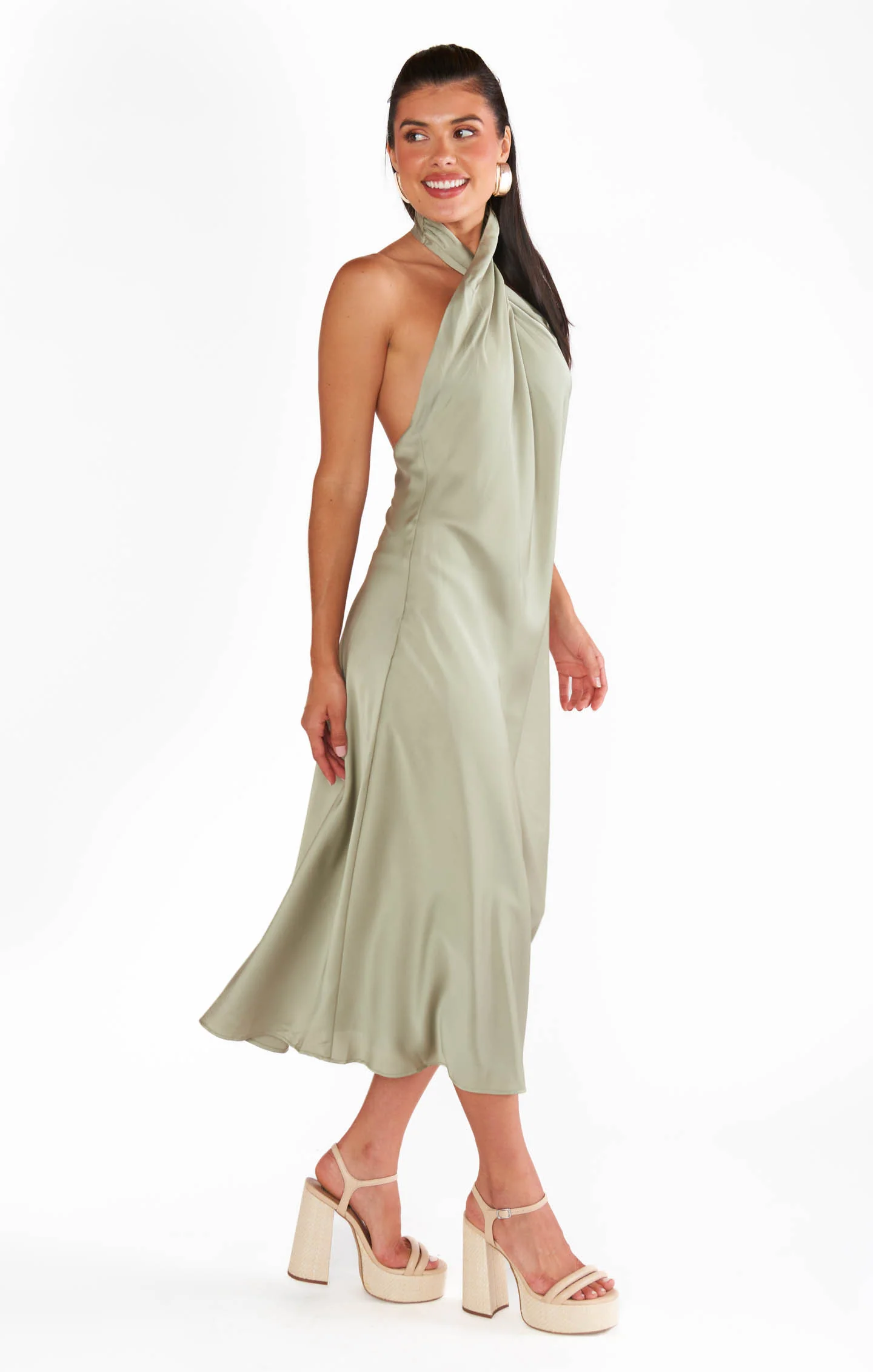 Jasmine Halter Midi Dress ~ Moss Green Luxe Satin - Image 4