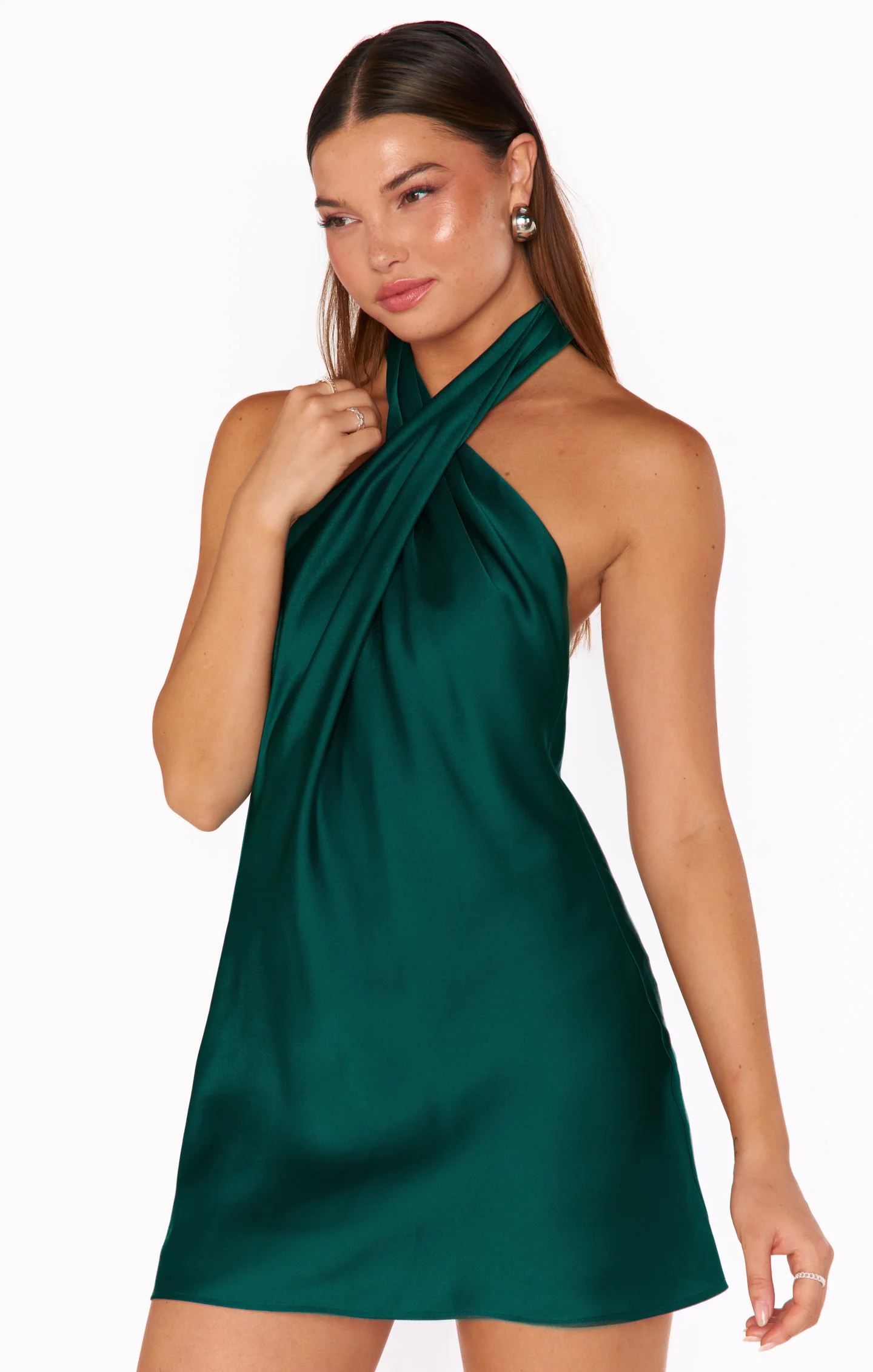 Jasmine Halter Mini Dress ~ Deep Emerald Luxe Satin - Image 3