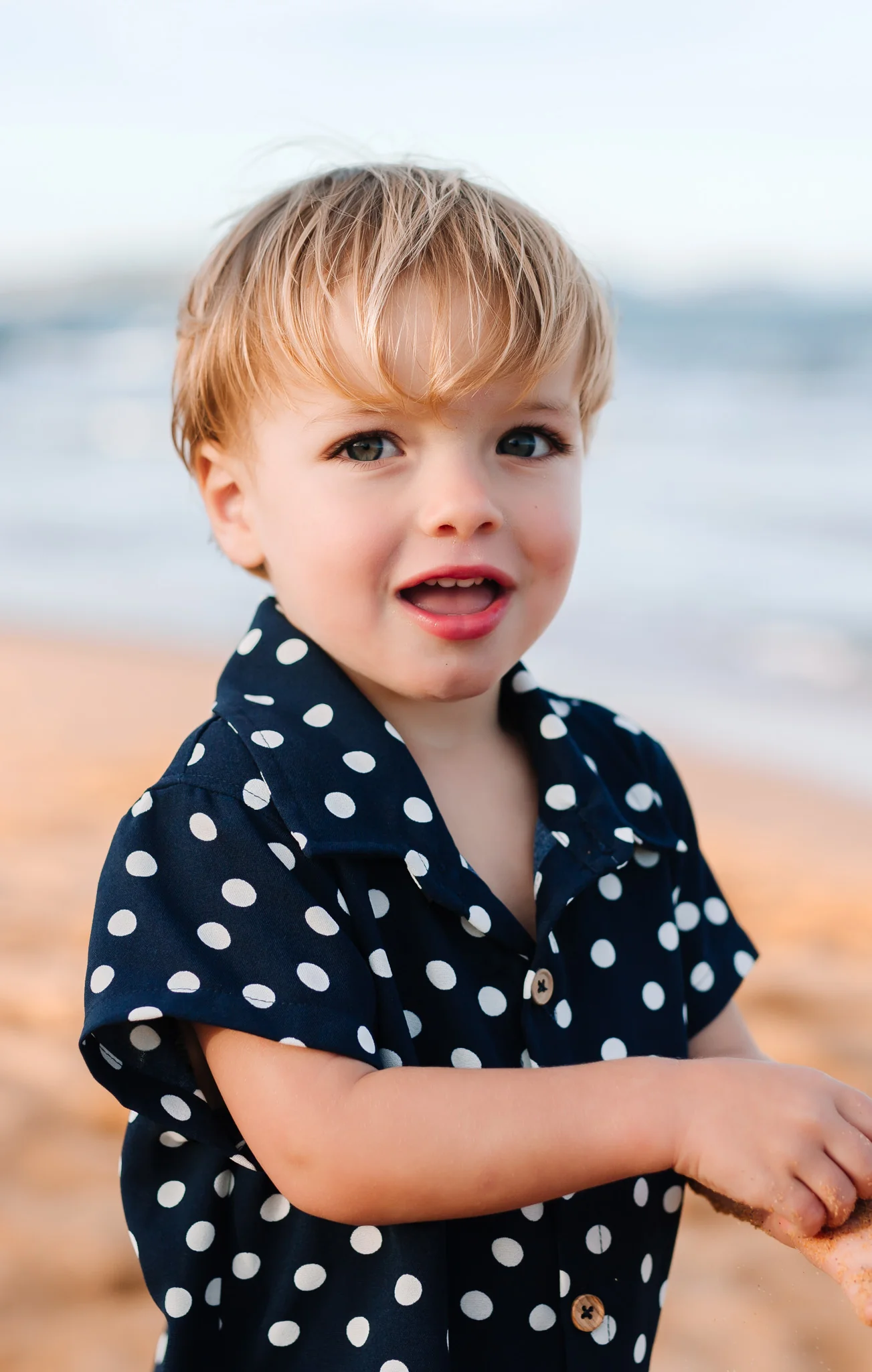 Lil Button Up Shirt ~ Navy Polka Dot - Image 3