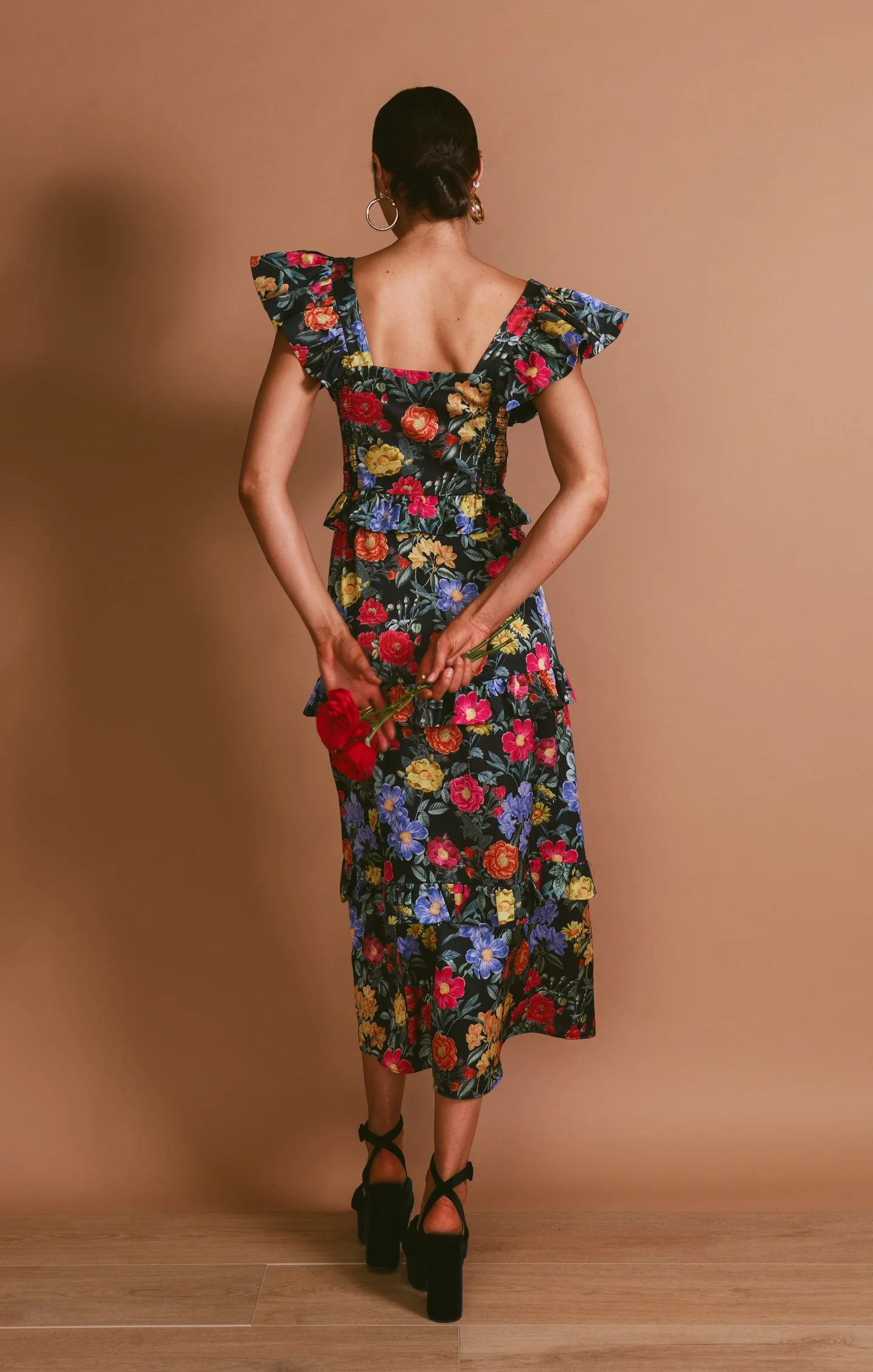 Lindsay Midi Dress ~ Charm Peony Black Luxe Satin - Image 3