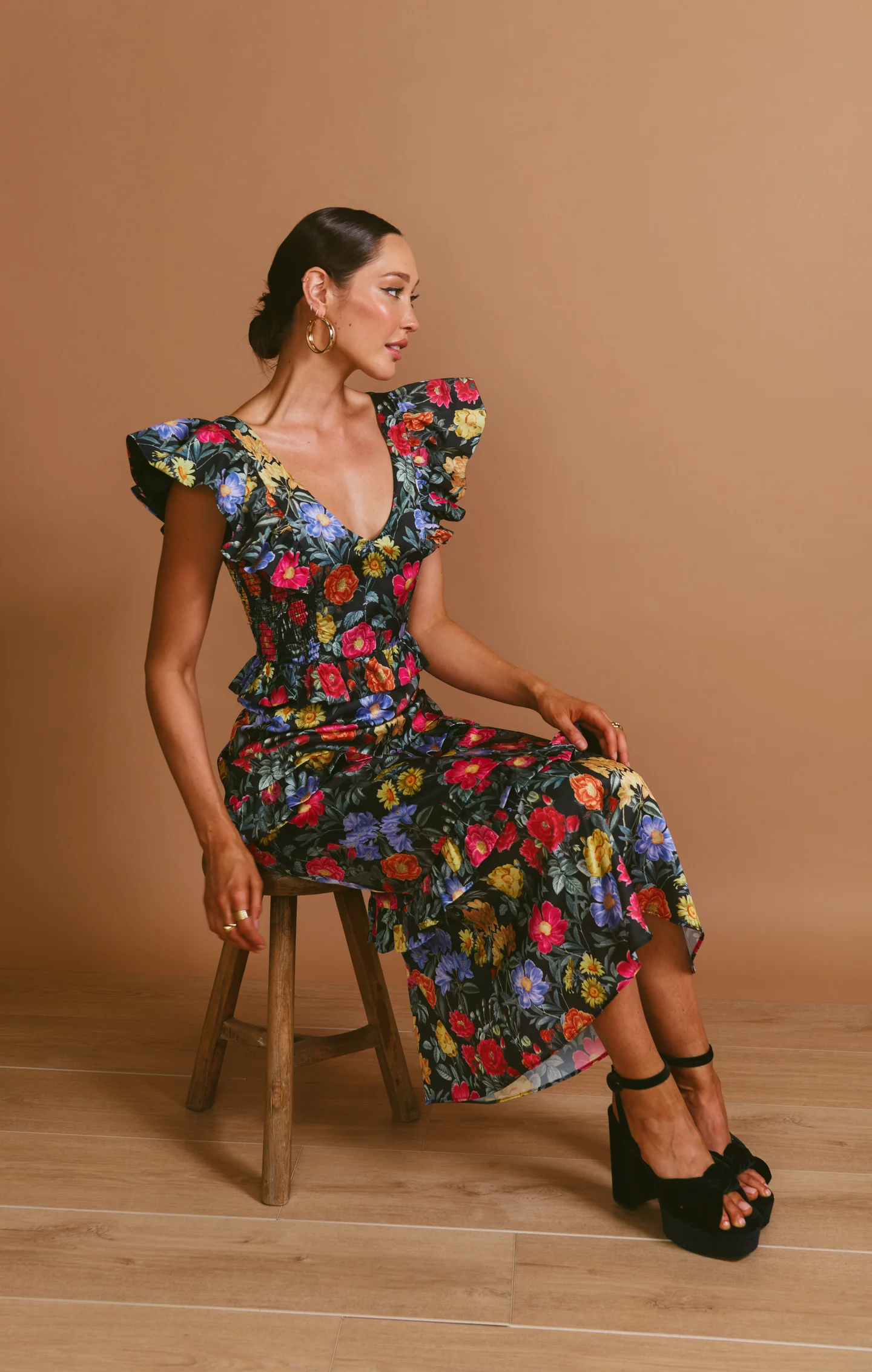 Lindsay Midi Dress ~ Charm Peony Black Luxe Satin - Image 4