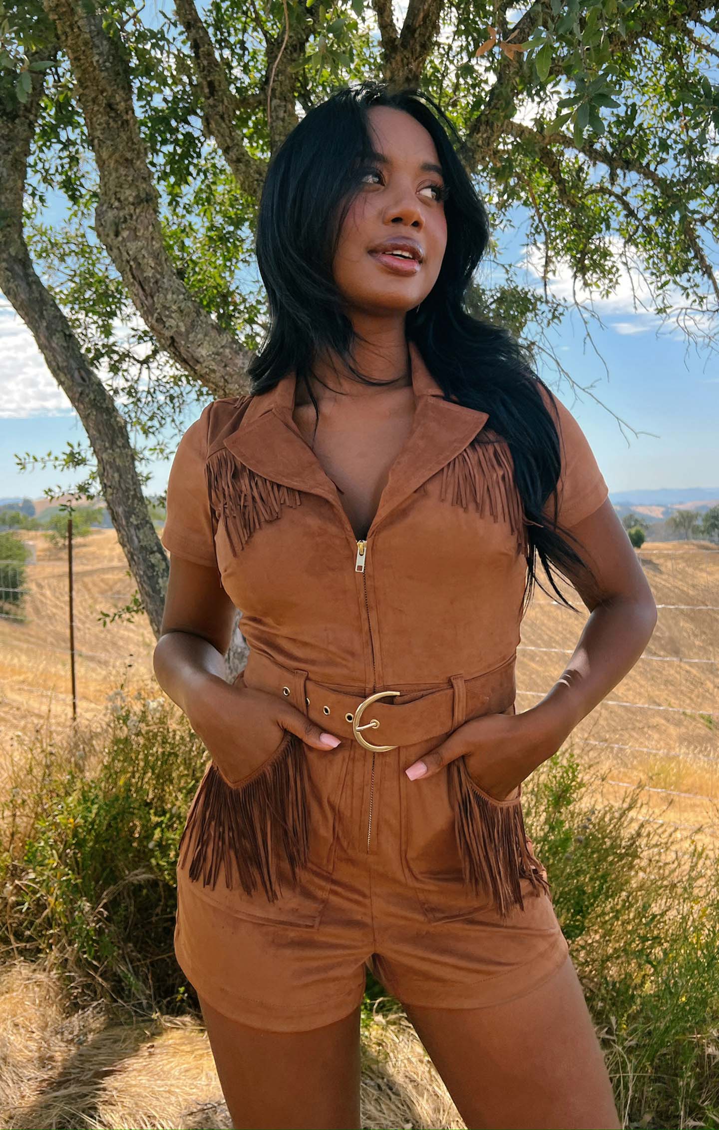 Outlaw Romper ~ Cognac Fringe Faux Suede - Image 3