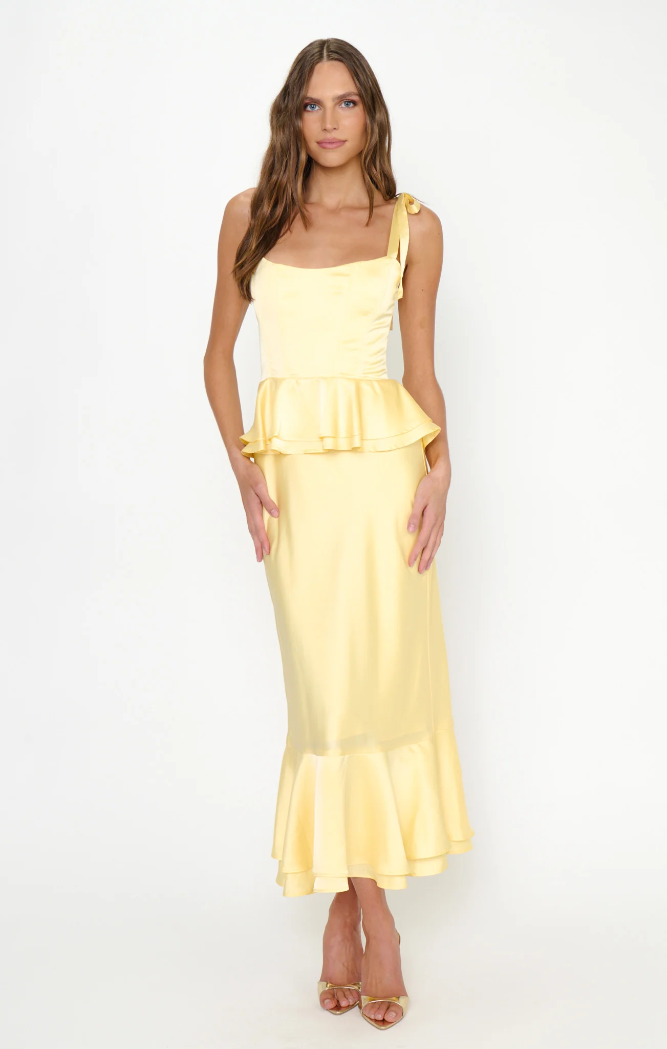 Pauline Peplum Dress ~ Pale Yellow Luxe Satin - Image 4