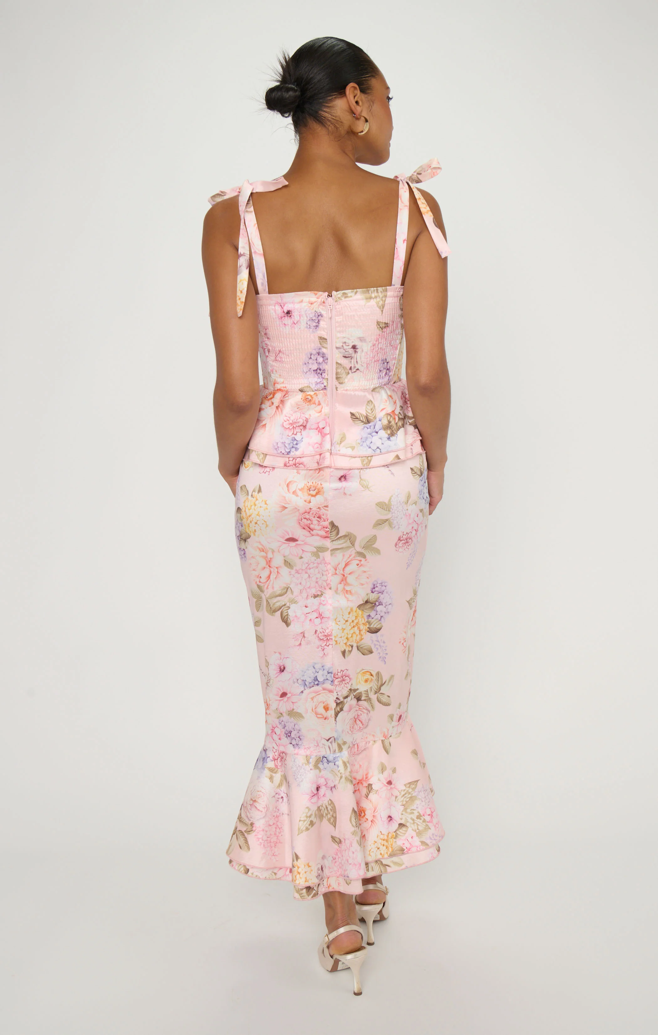 Pauline Peplum Dress ~ Powder Pink Blooms Taffeta - Image 6