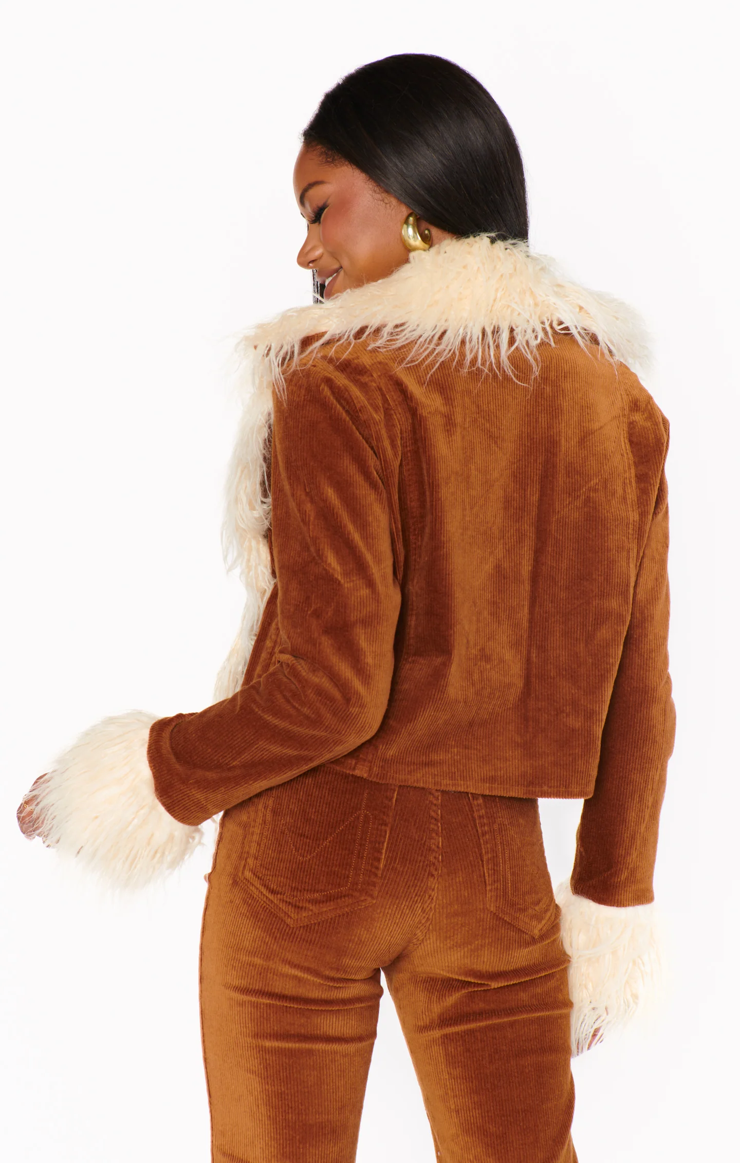 Penny Lane Cropped Coat ~ Saddle Brown Cord w/Faux Fur - Image 7