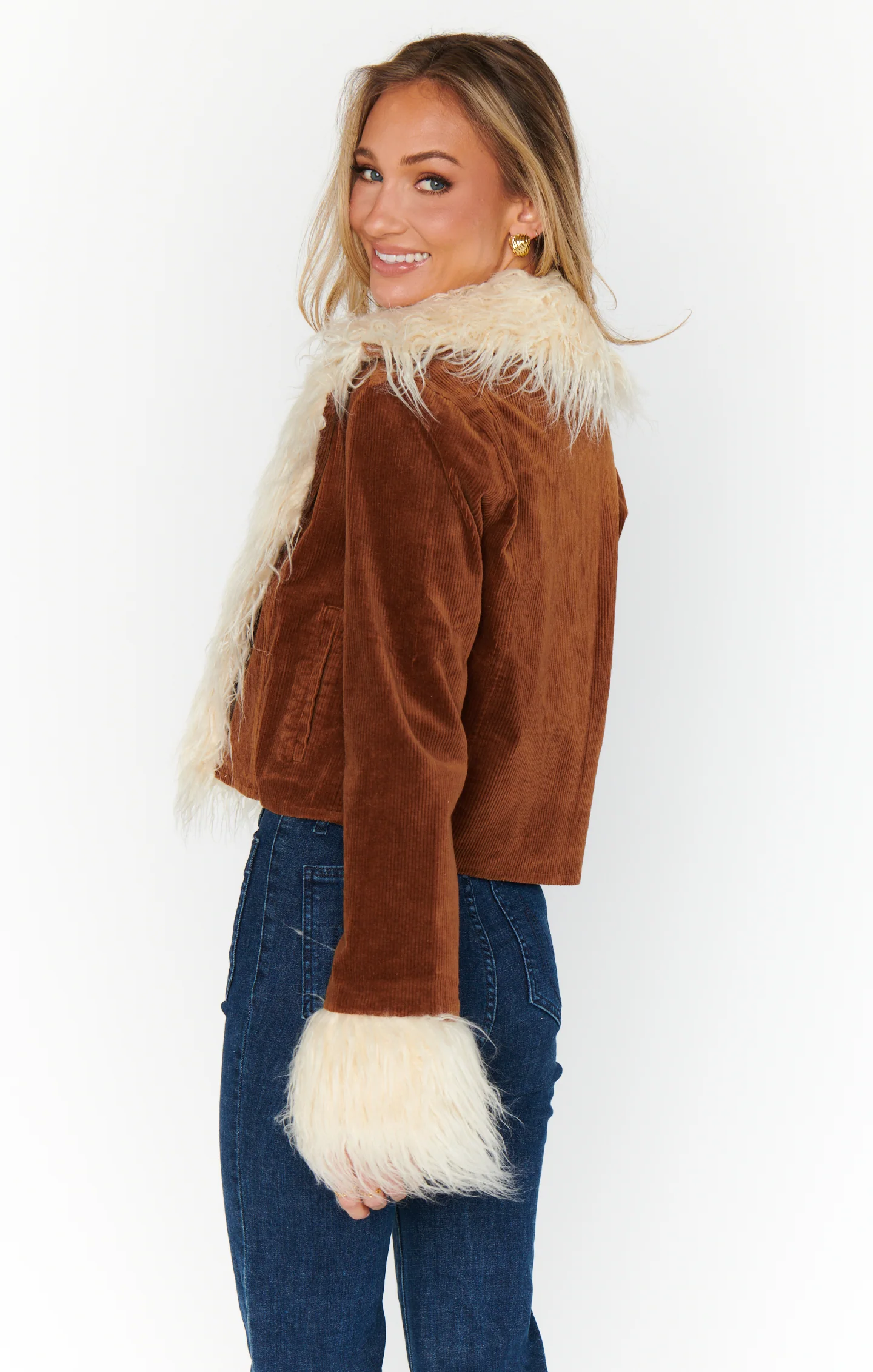 Penny Lane Cropped Coat ~ Saddle Brown Cord w/Faux Fur - Image 8