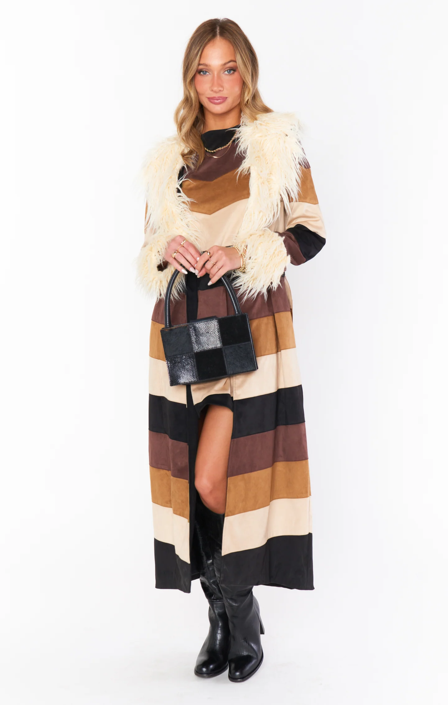 Penny Lane Long Coat ~ Faux Suede Chevron with Faux Fur - Image 3