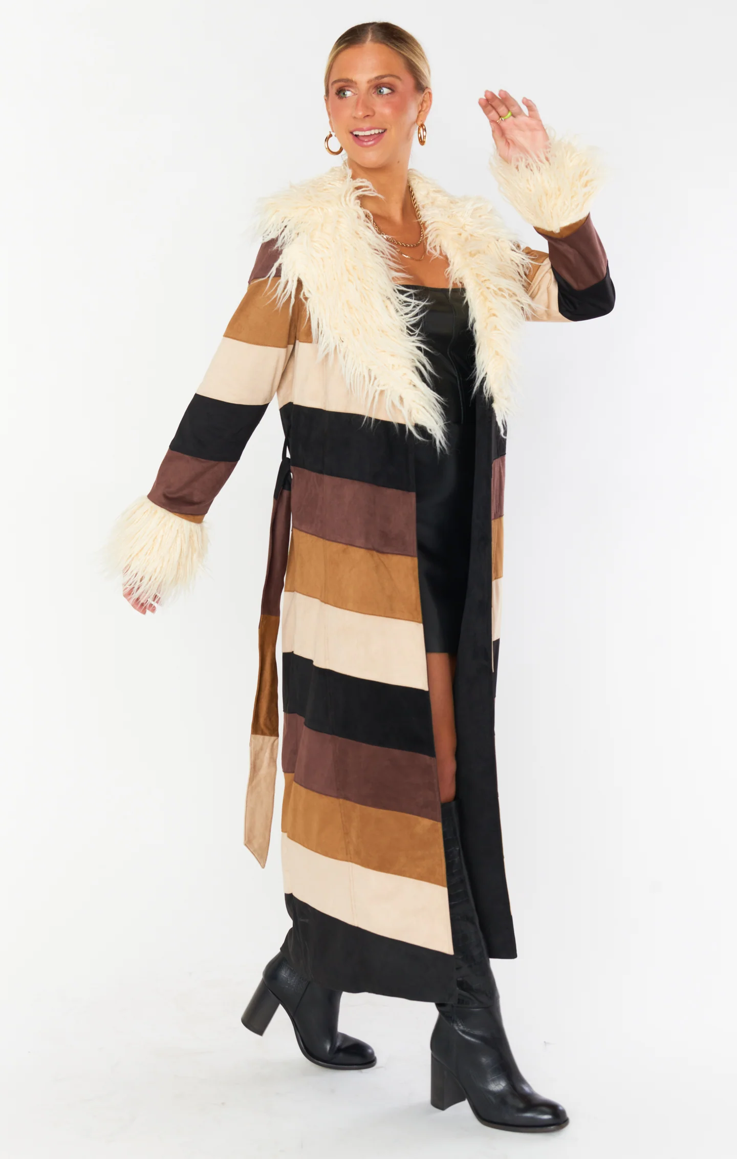 Penny Lane Long Coat ~ Faux Suede Chevron with Faux Fur - Image 4