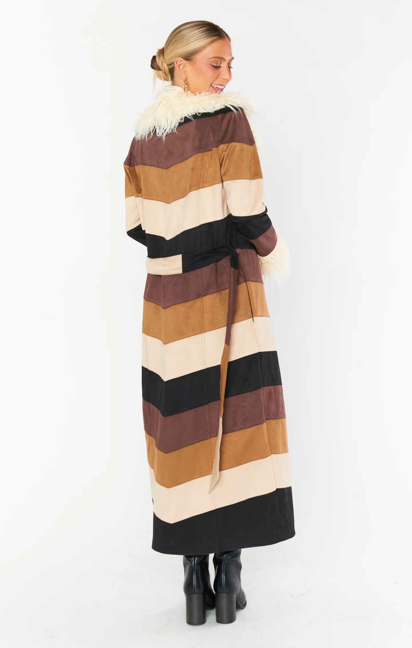 Penny Lane Long Coat ~ Faux Suede Chevron with Faux Fur - Image 5