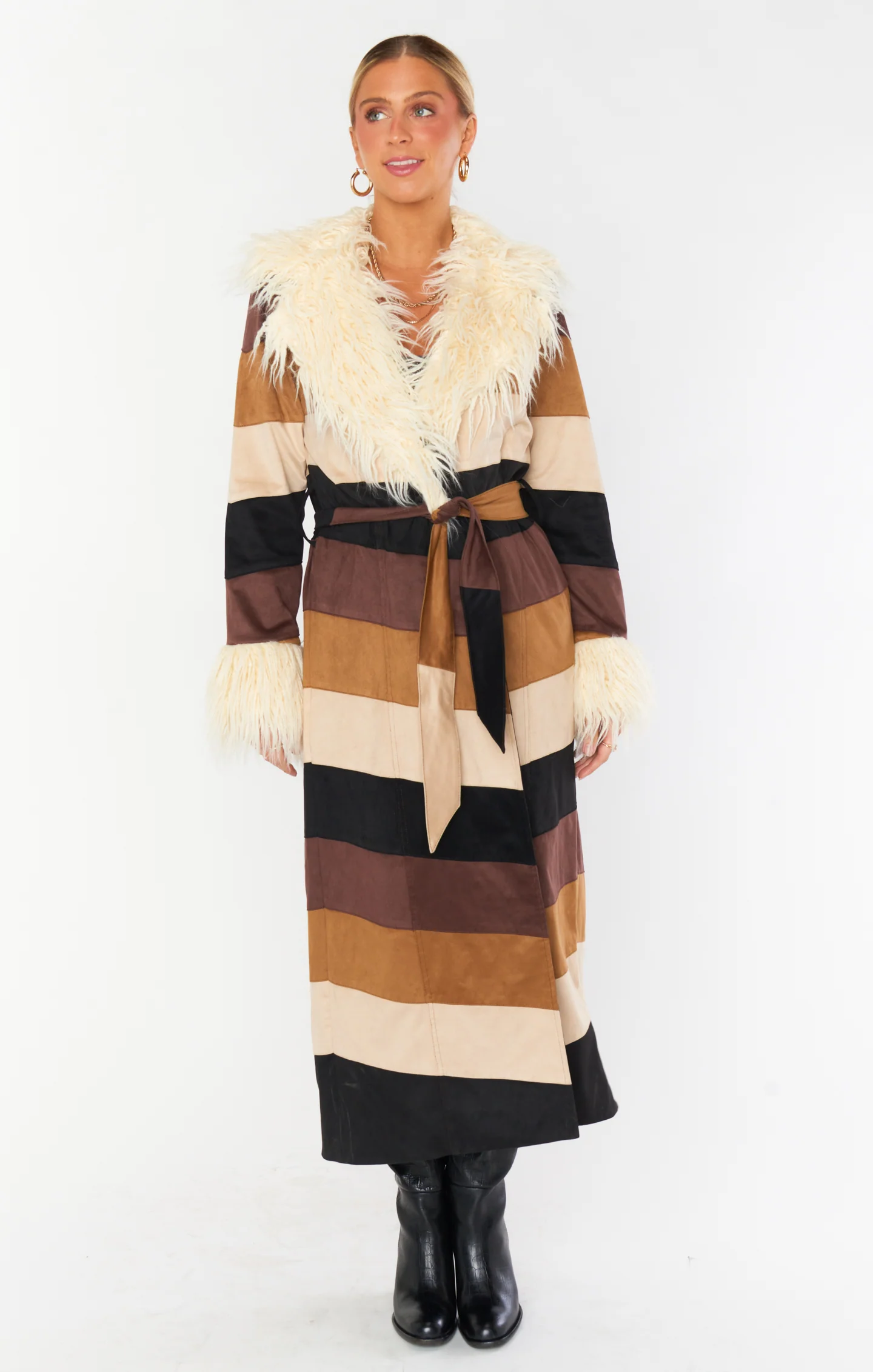 Penny Lane Long Coat ~ Faux Suede Chevron with Faux Fur - Image 6