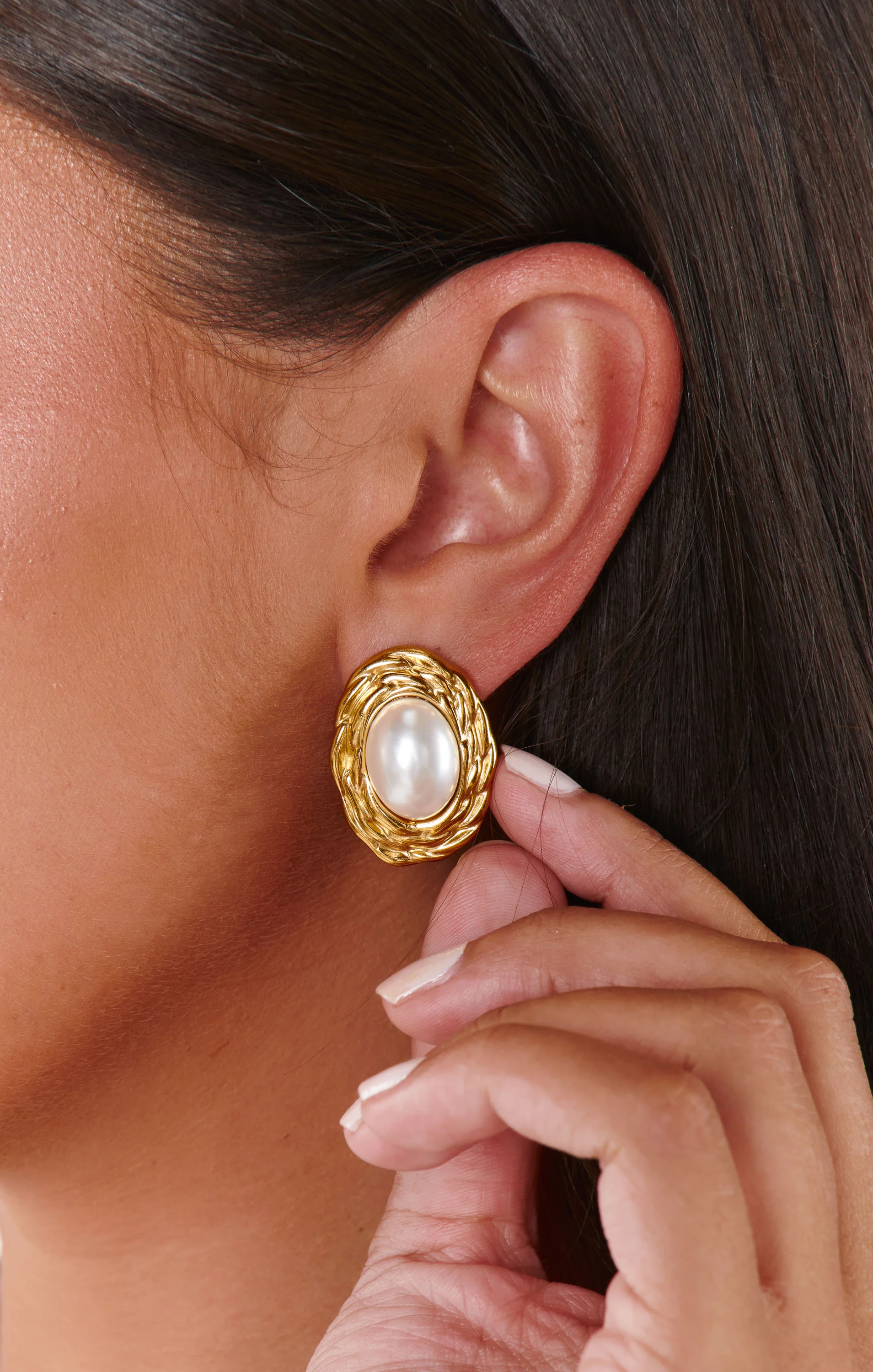Petit Moments Oval Pearl Stud Earrings ~ Gold - Image 4