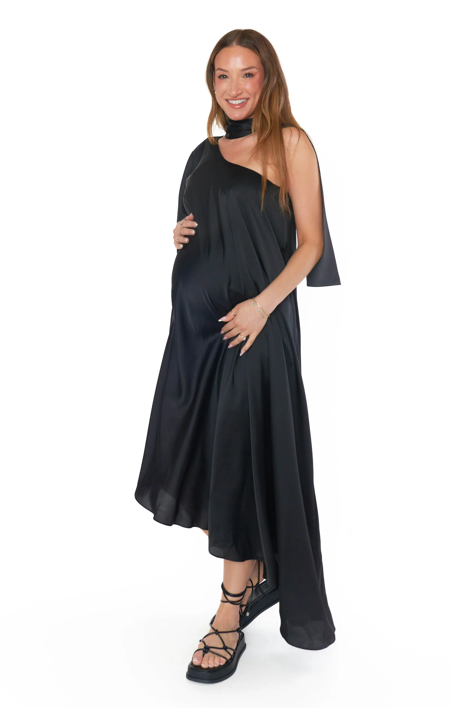 Rhea One Shoulder Dress ~ Black Luxe Satin - Image 9