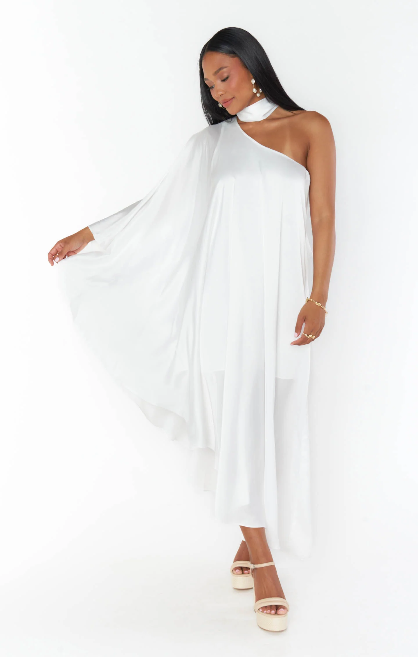 Rhea One Shoulder Dress ~ Ivory Luxe Satin - Image 5