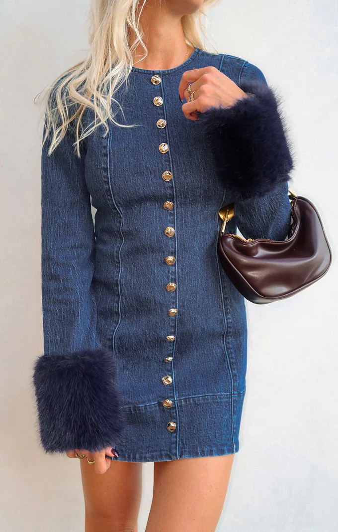 Rockefeller Mini Dress ~ Subzero Indigo with Faux Fur - Image 2