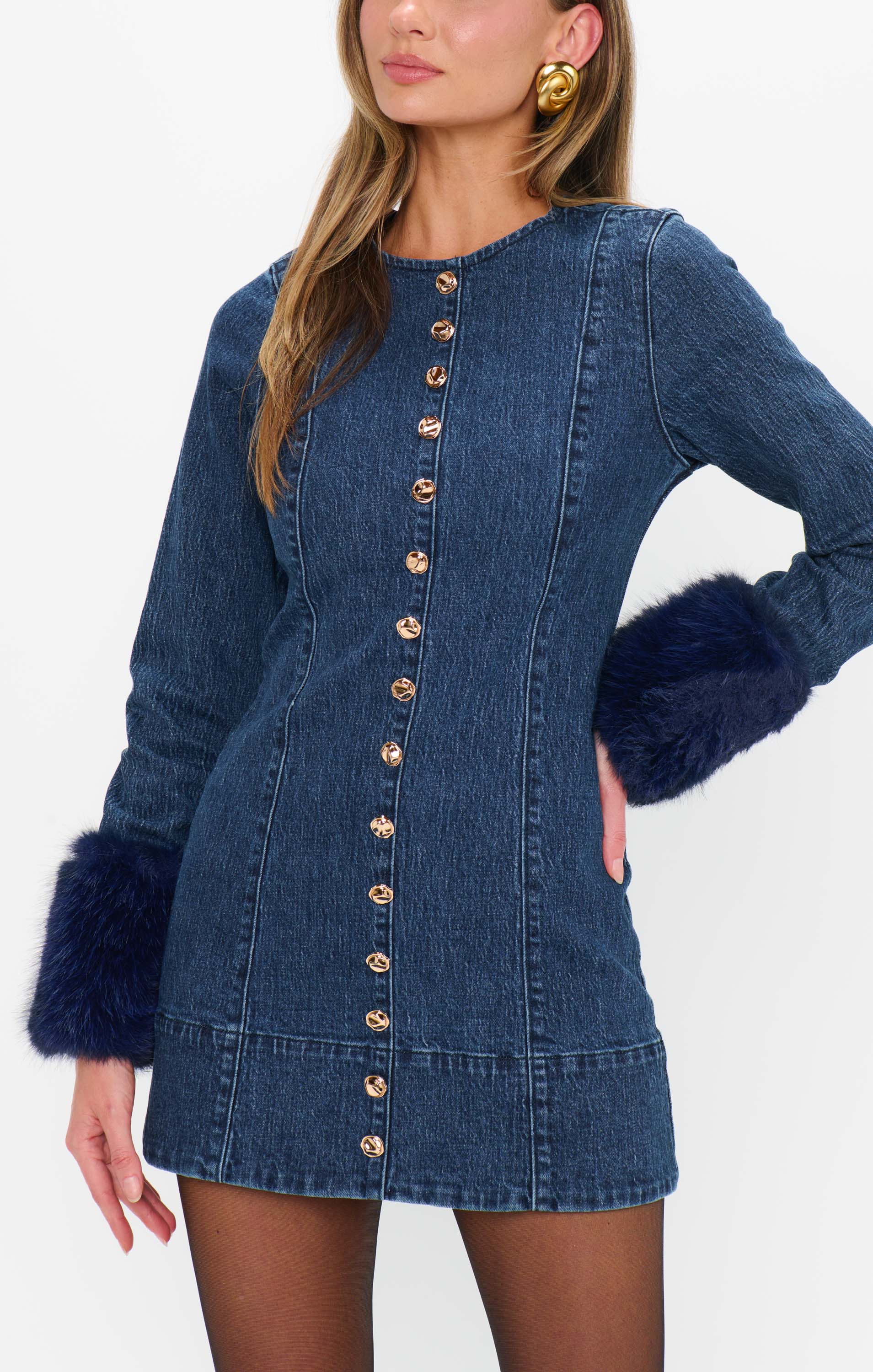 Rockefeller Mini Dress ~ Subzero Indigo with Faux Fur - Image 4