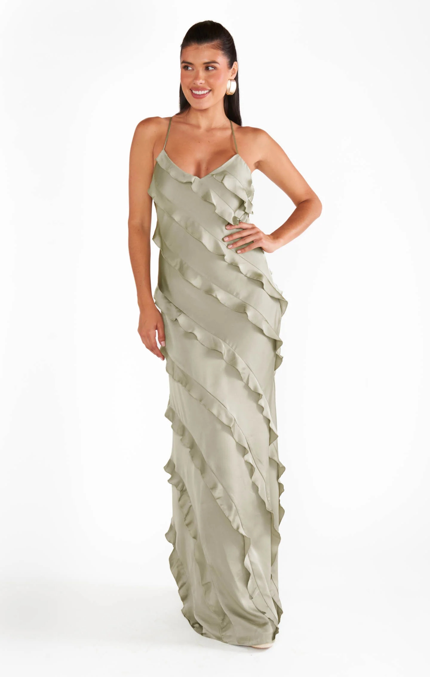 Romance Ruffle Dress ~ Moss Green Luxe Satin - Image 2